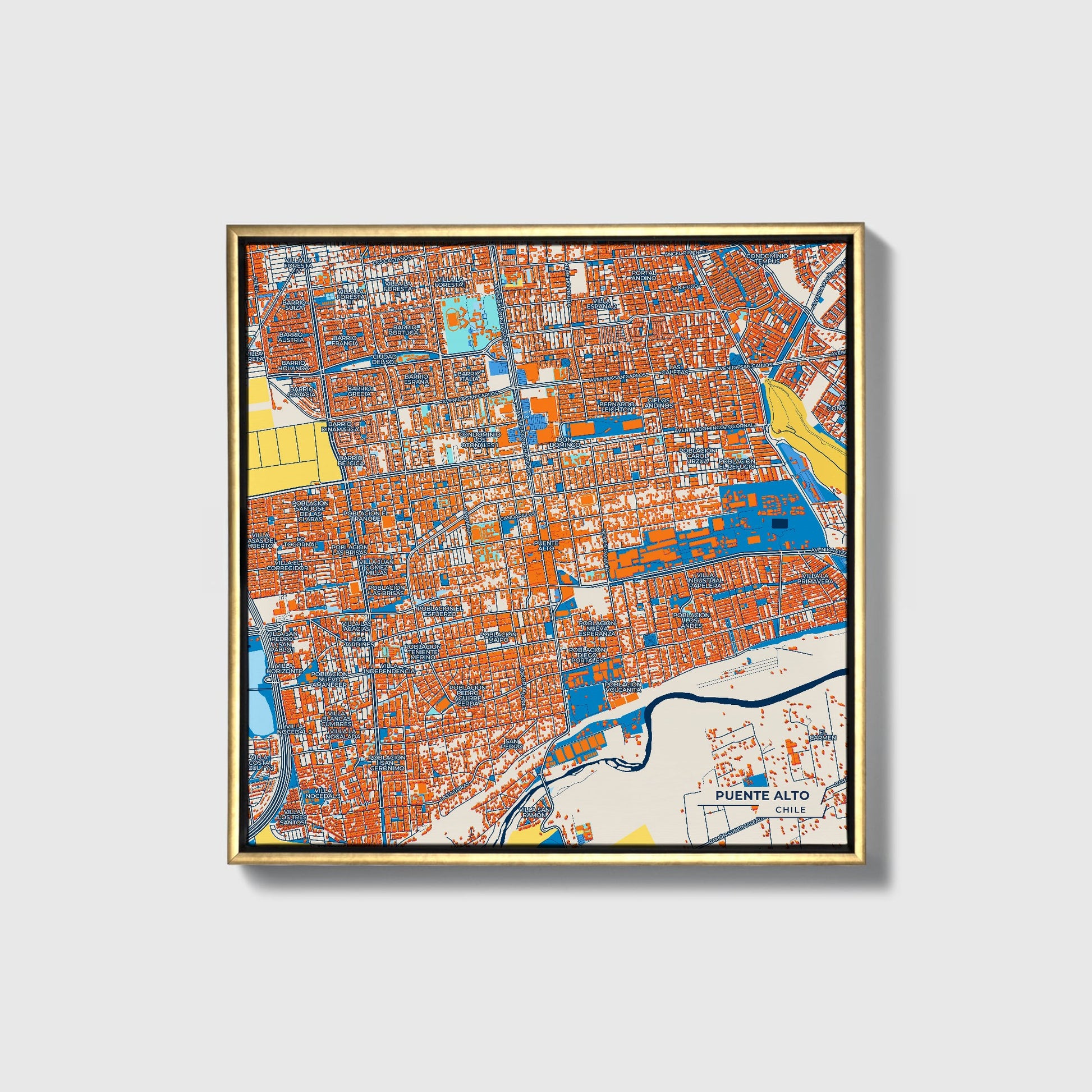 Puente Alto Chile Colorful City Map Canvas Print • Gold Framed
