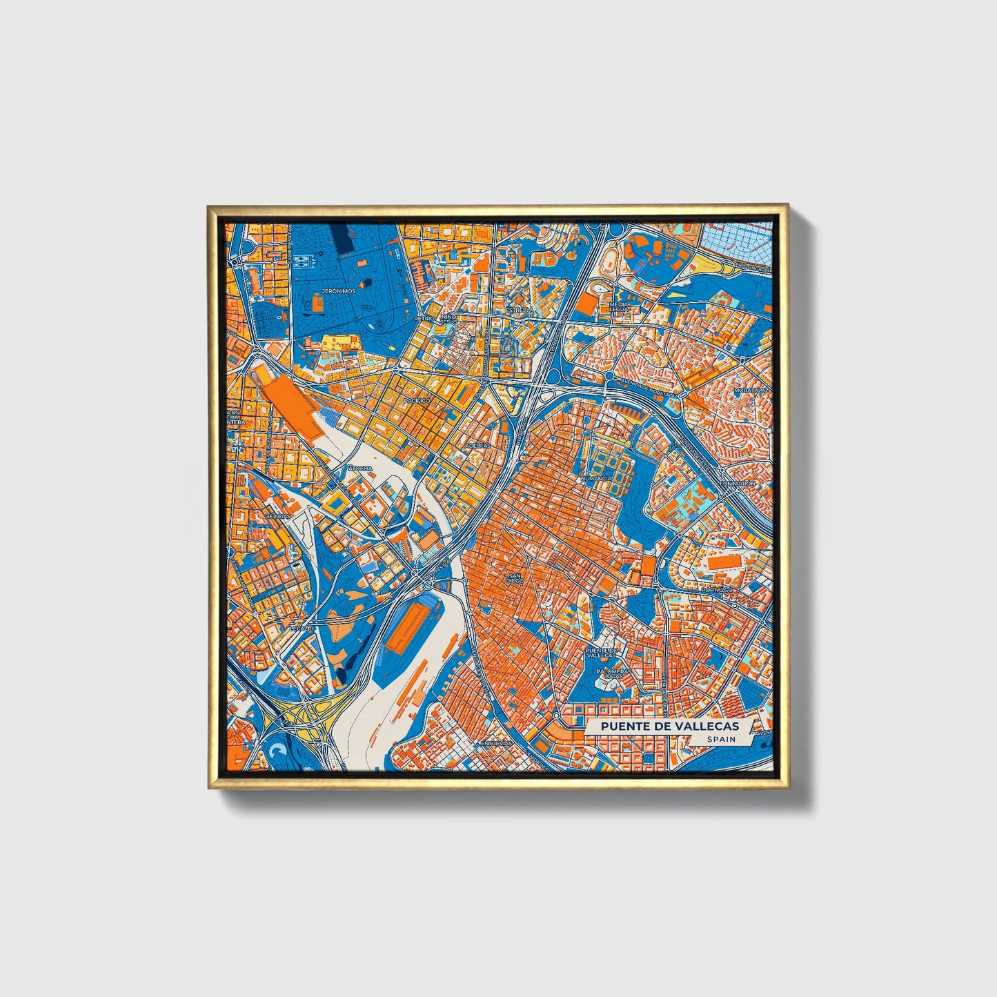 Puente De Vallecas Spain Colorful City Map Canvas Print • Gold Framed