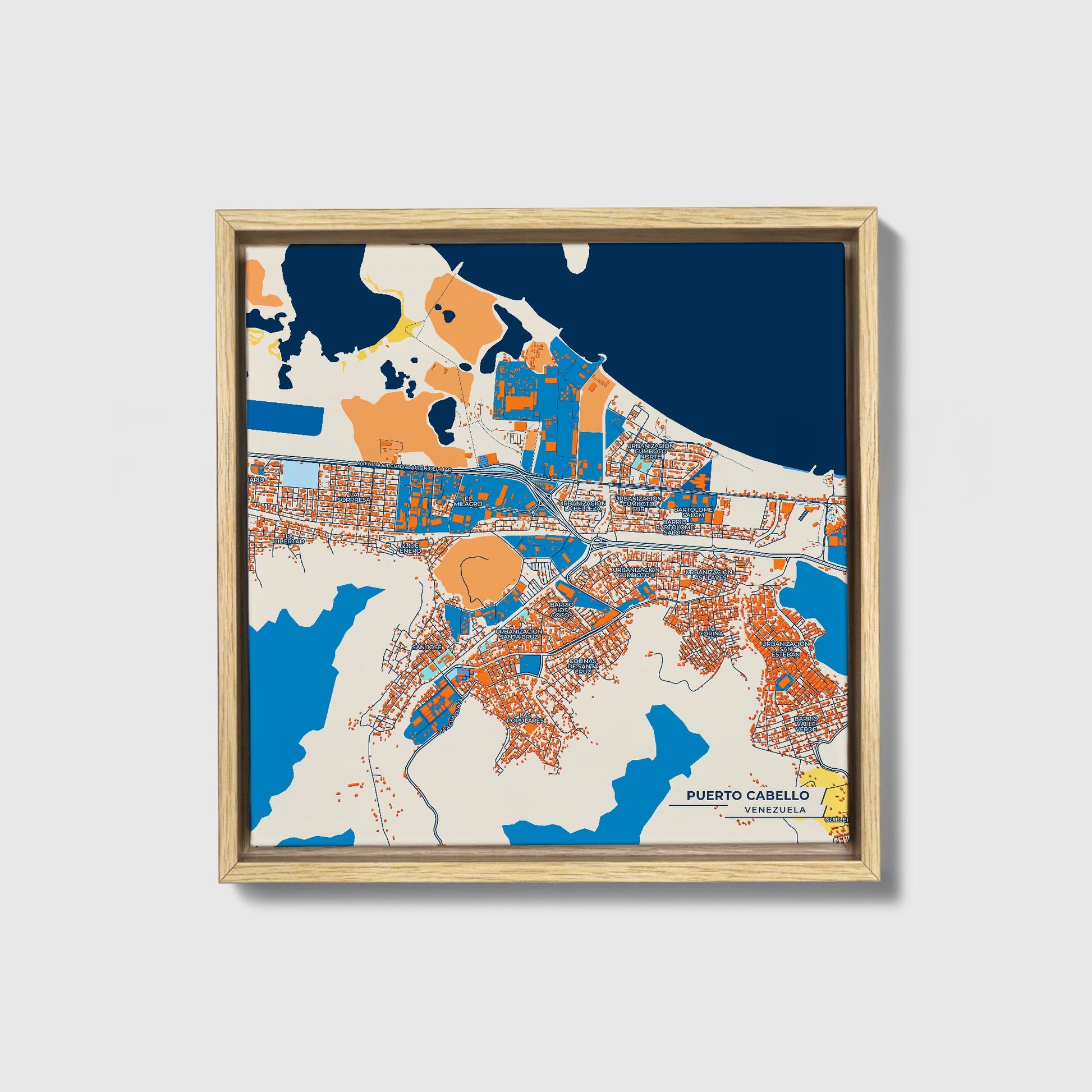 Puerto Cabello Venezuela Colorful City Map Canvas Print • Natural Wooden Framed