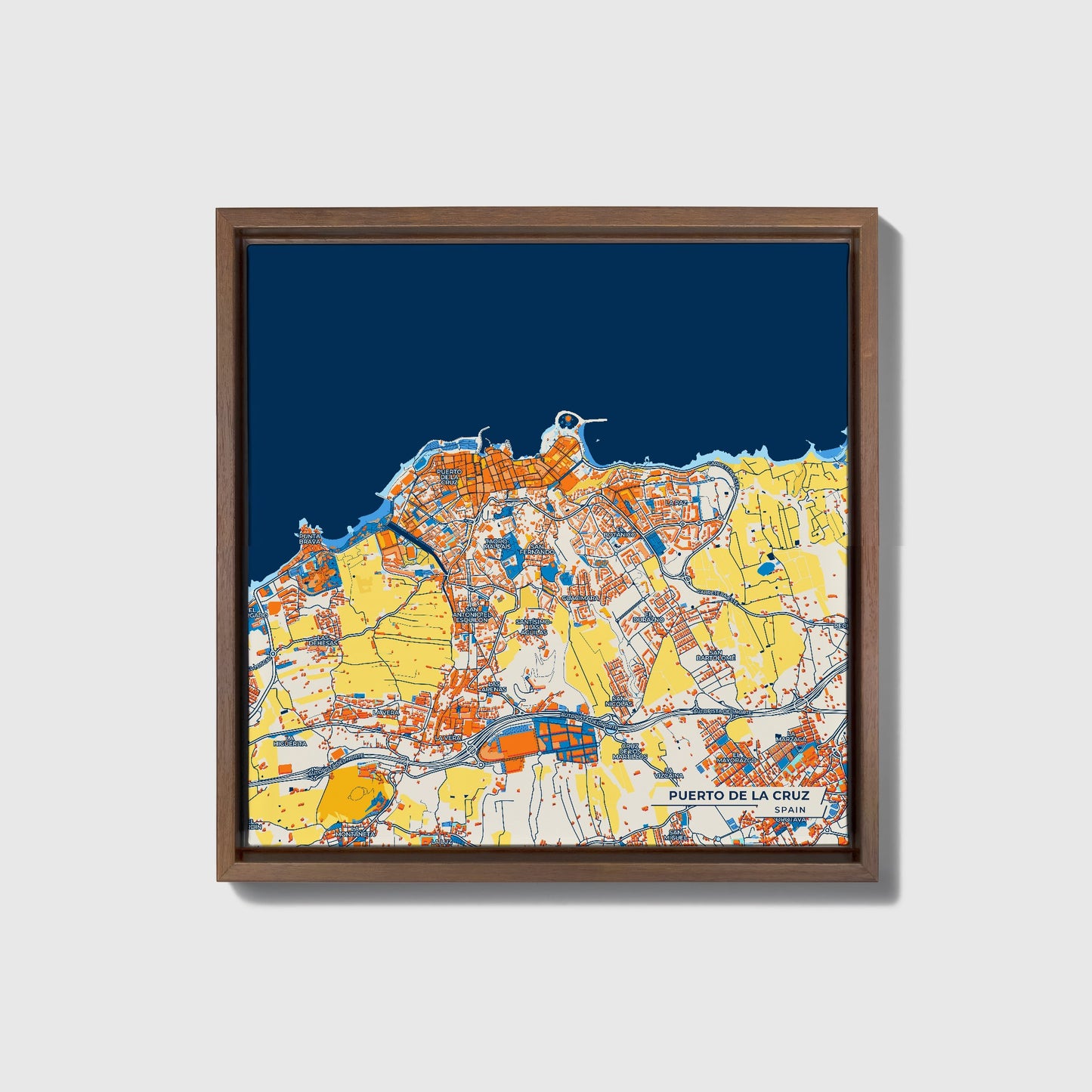 Puerto De La Cruz Spain Colorful City Map Canvas Print • Dark Wooden Framed