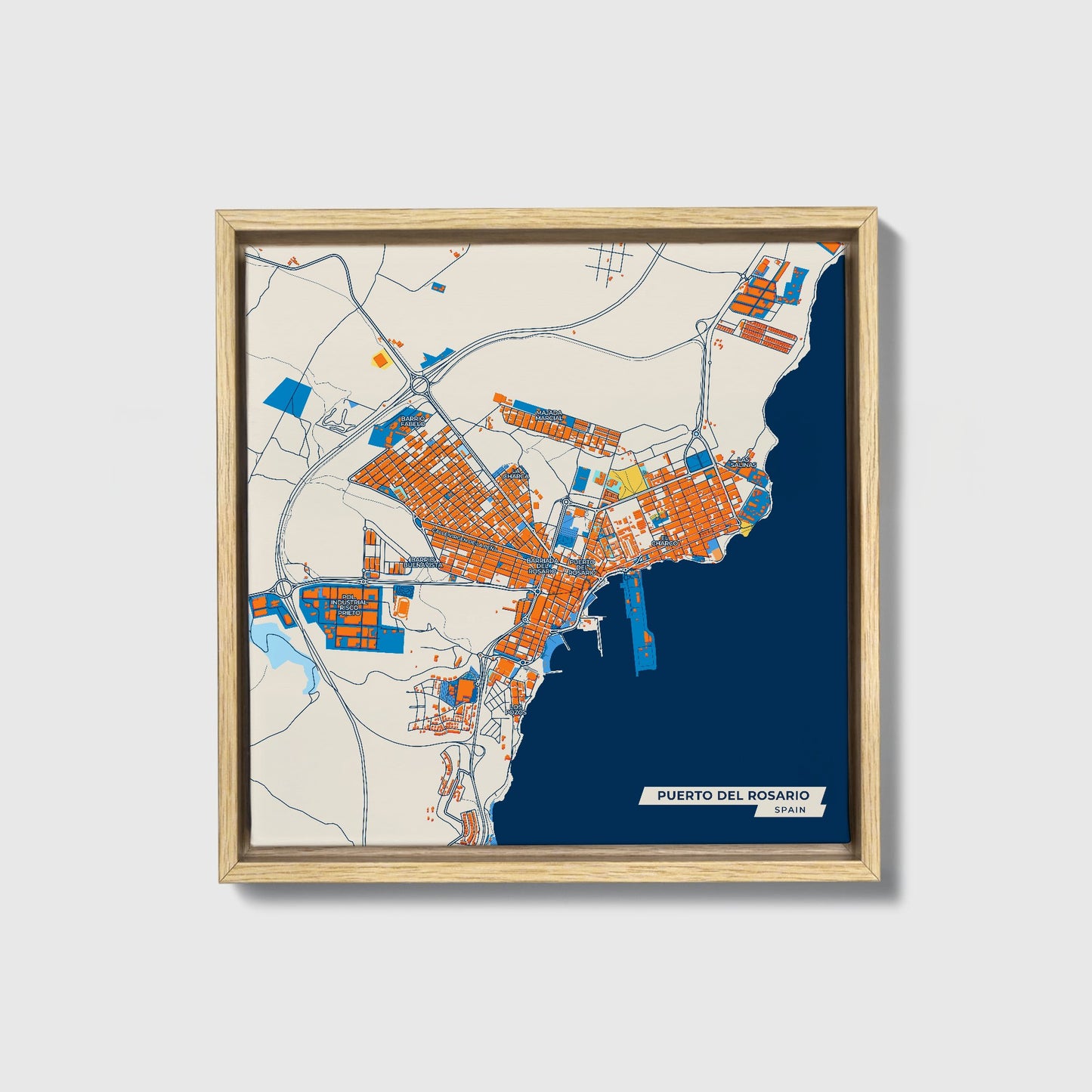 Puerto Del Rosario Spain Colorful City Map Canvas Print • Natural Wooden Framed