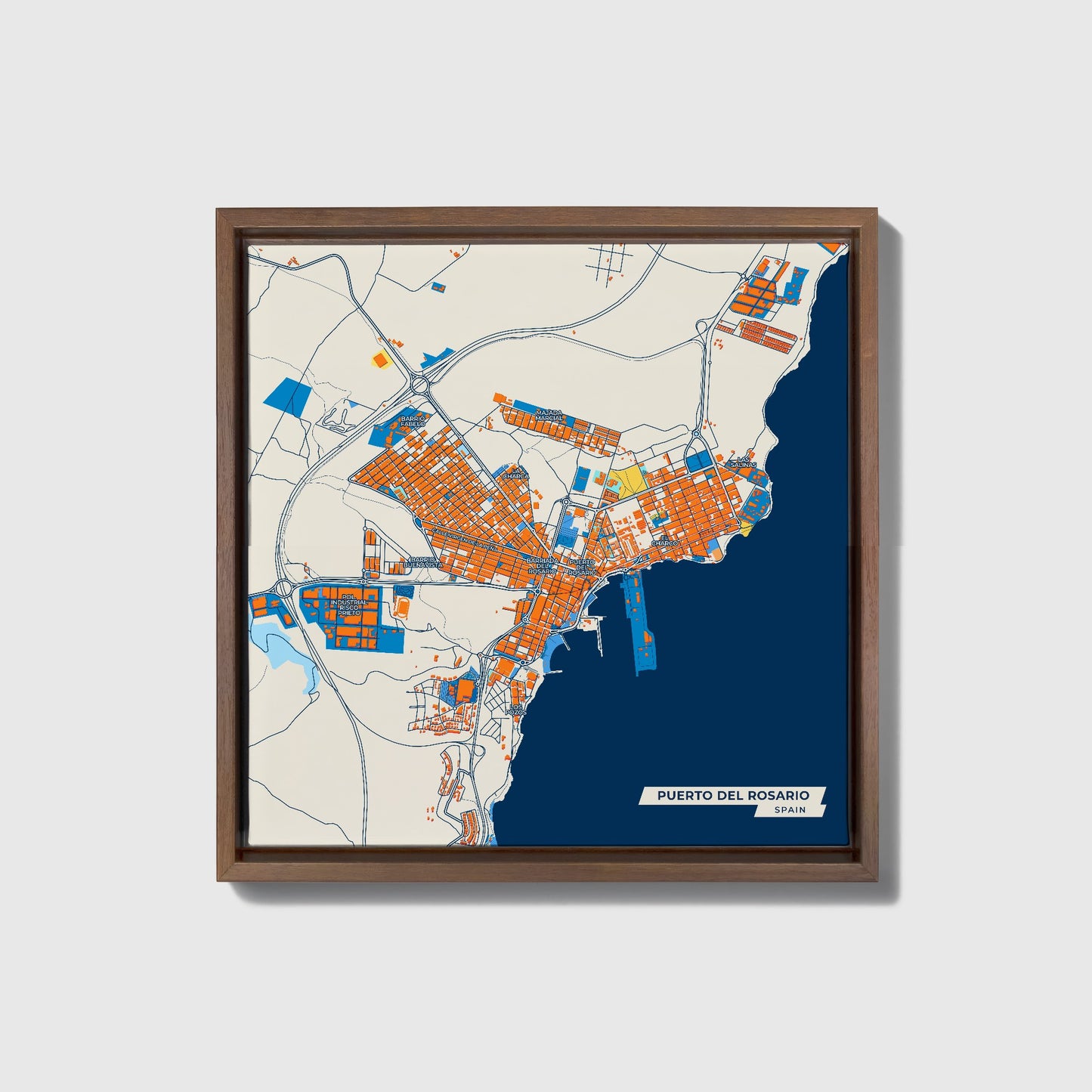 Puerto Del Rosario Spain Colorful City Map Canvas Print • Dark Wooden Framed
