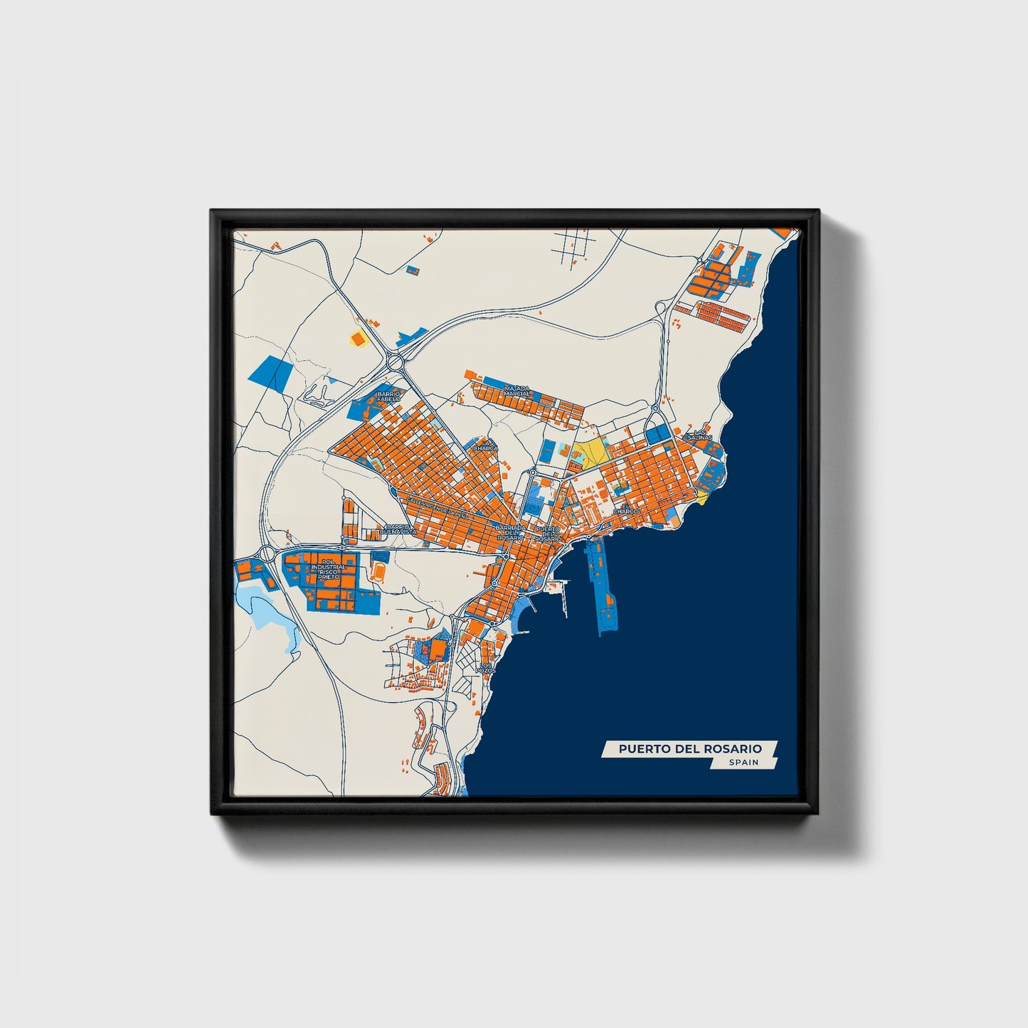 Puerto Del Rosario Spain Colorful City Map Canvas Print • Black Framed