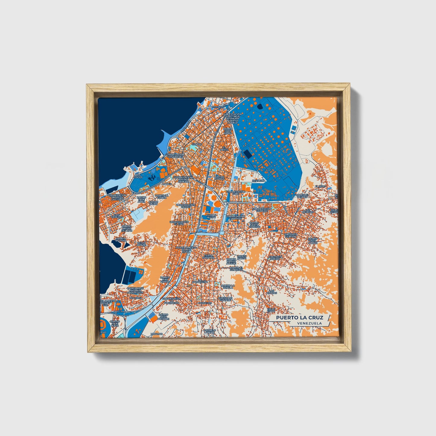 Puerto La Cruz Venezuela Colorful City Map Canvas Print • Natural Wooden Framed