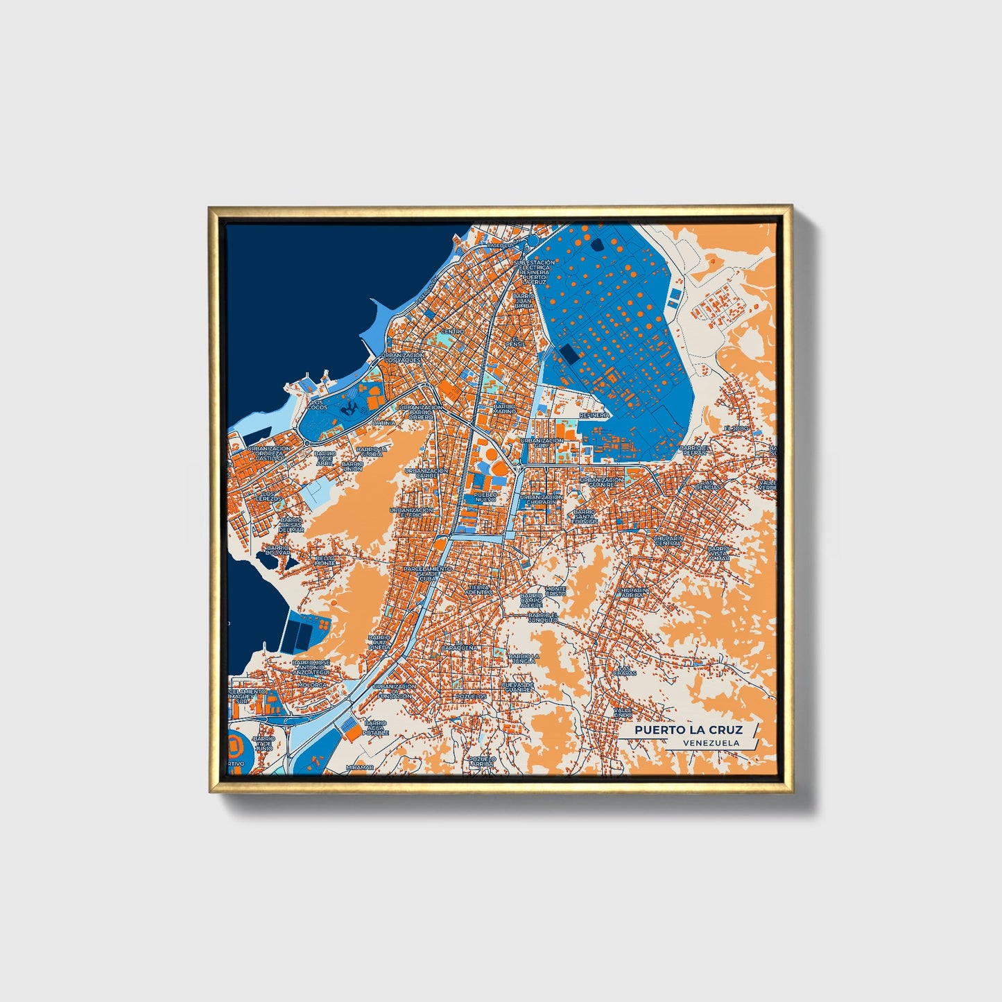 Puerto La Cruz Venezuela Colorful City Map Canvas Print • Gold Framed