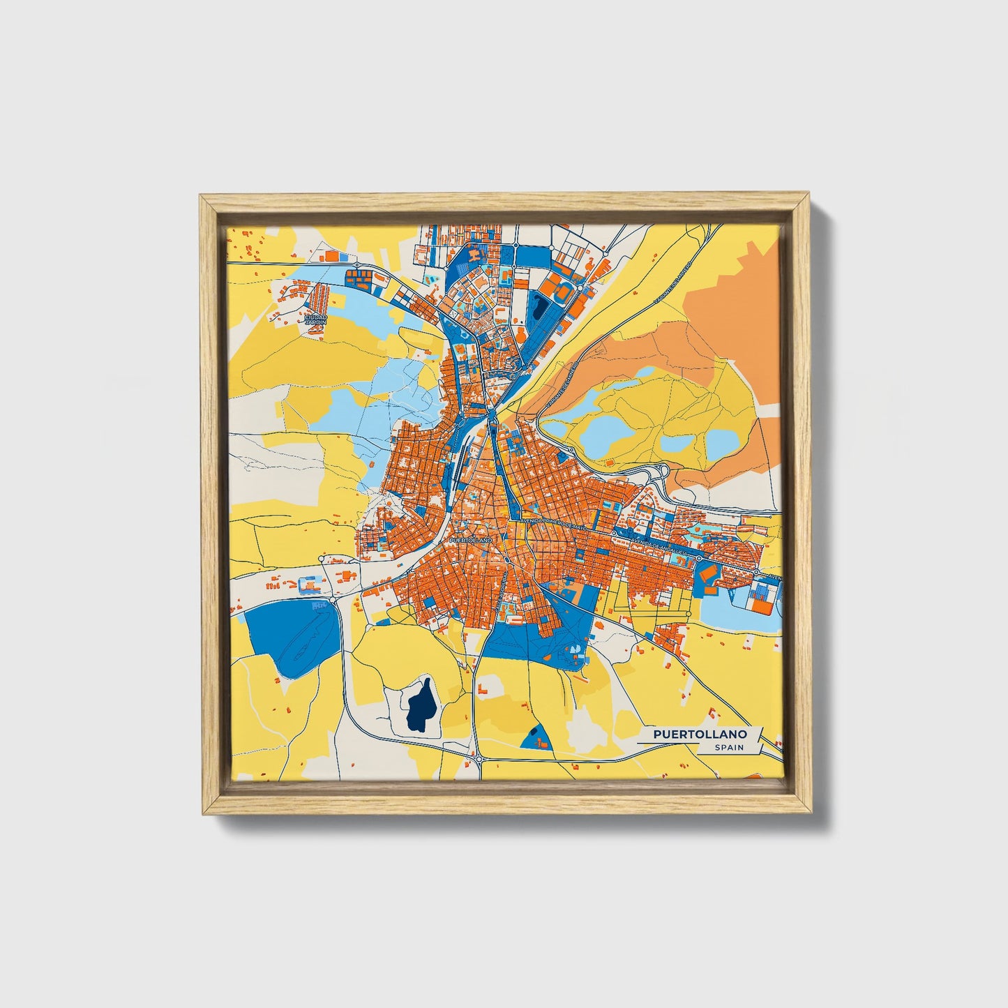 Puertollano Spain Colorful City Map Canvas Print • Natural Wooden Framed