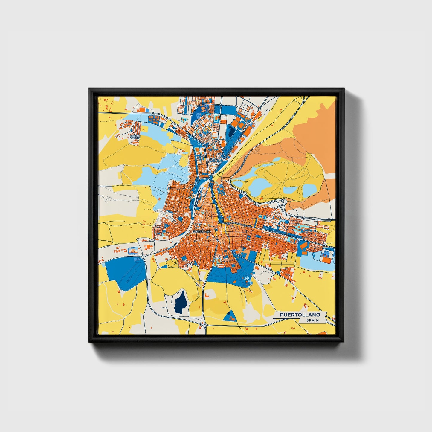 Puertollano Spain Colorful City Map Canvas Print • Black Framed
