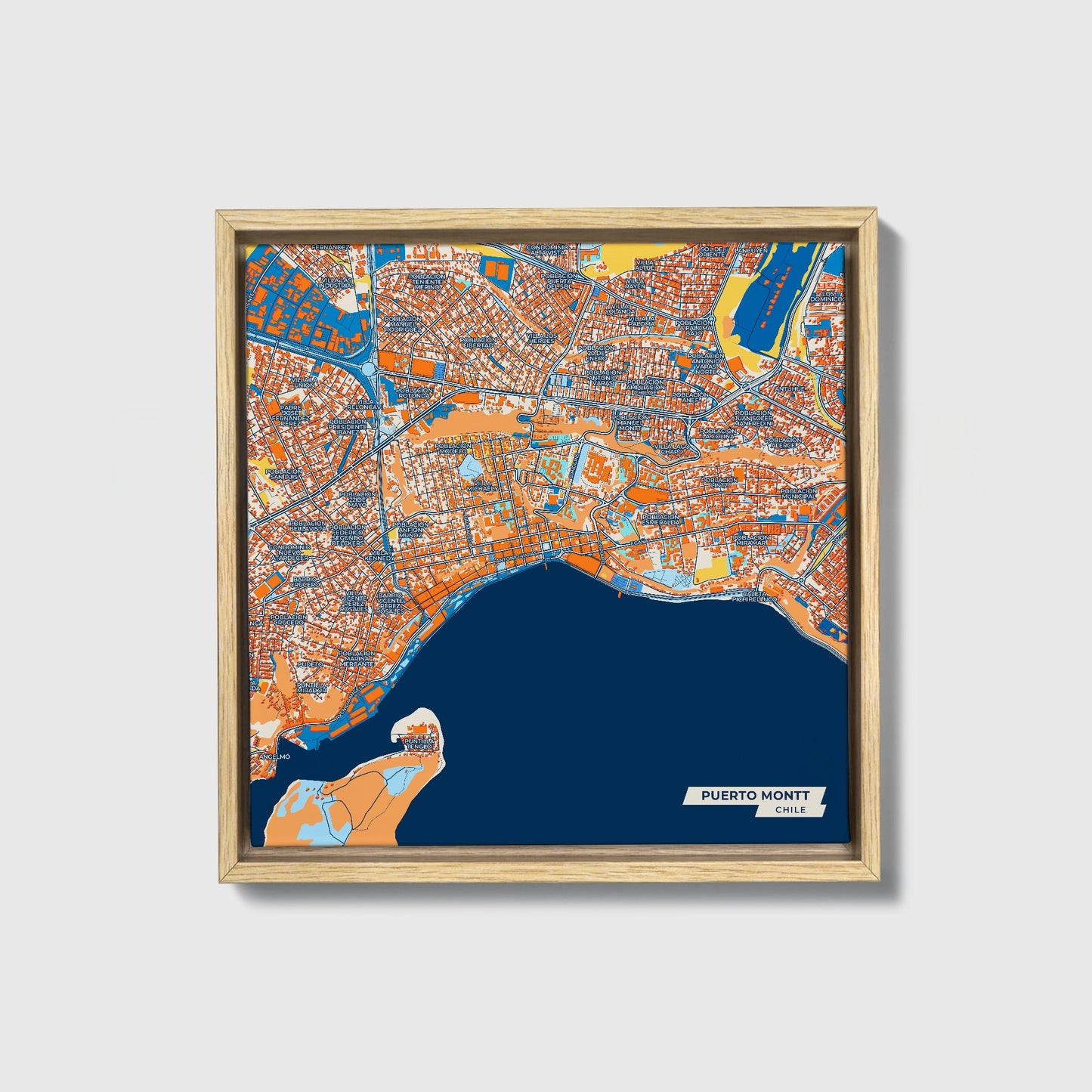 Puerto Montt Chile Colorful City Map Canvas Print • Natural Wooden Framed