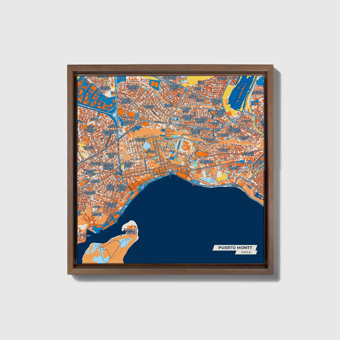 Puerto Montt Chile Colorful City Map Canvas Print • Dark Wooden Framed