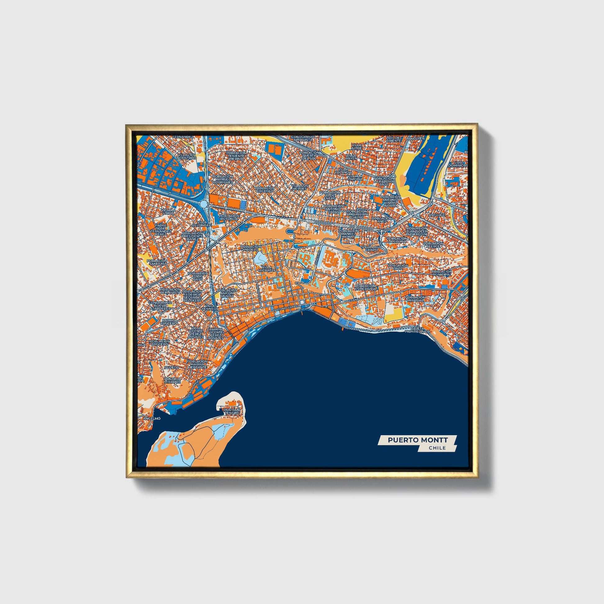 Puerto Montt Chile Colorful City Map Canvas Print • Gold Framed