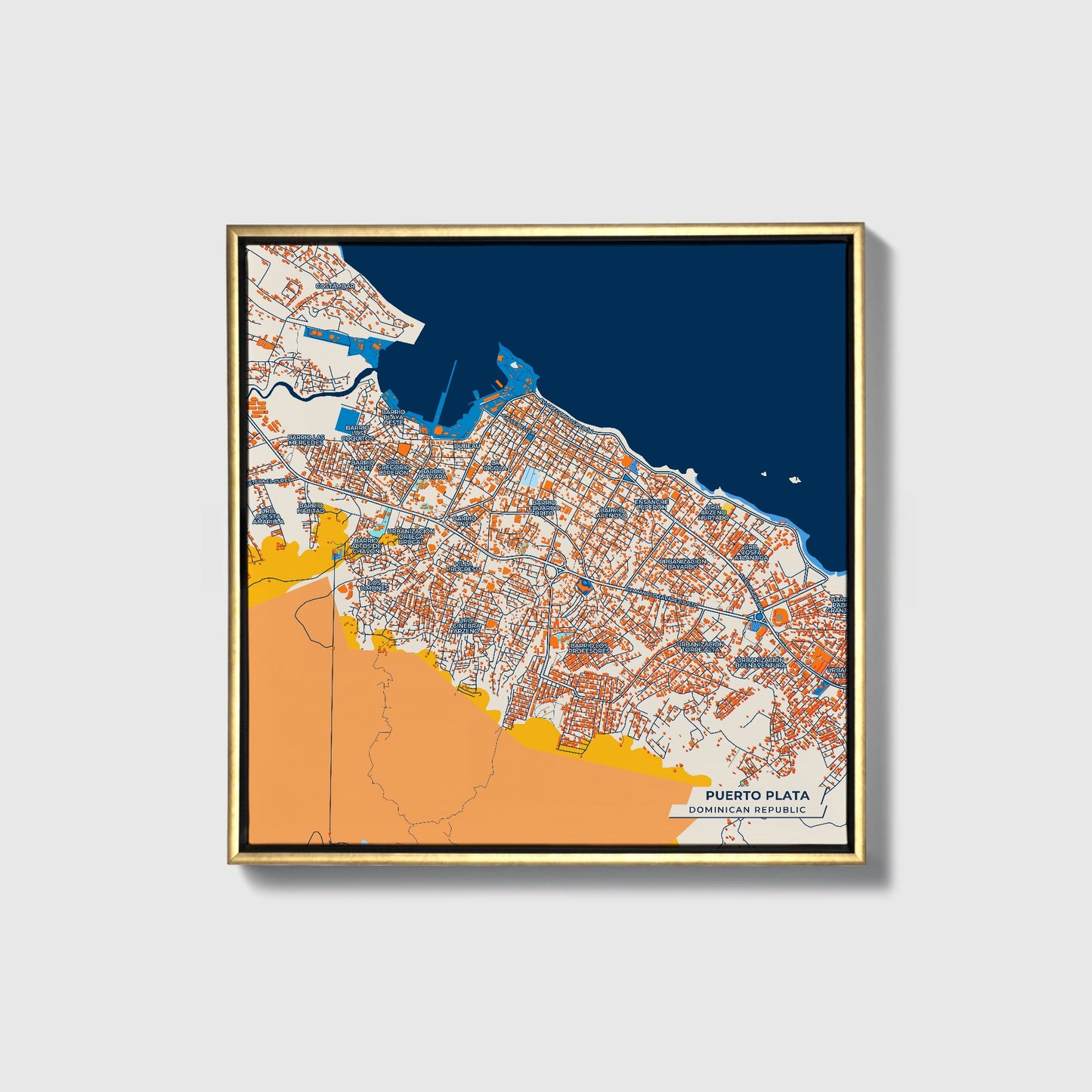 Puerto Plata Dominican Republic Colorful City Map Canvas Print • Gold Framed