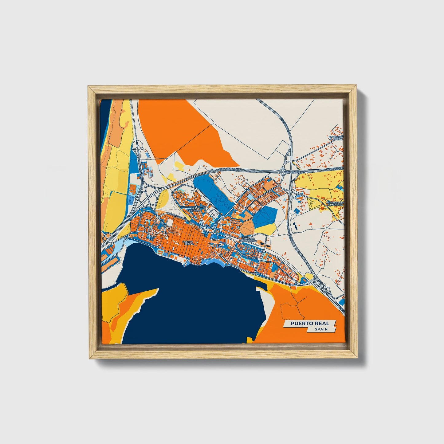 Puerto Real Spain Colorful City Map Canvas Print • Natural Wooden Framed
