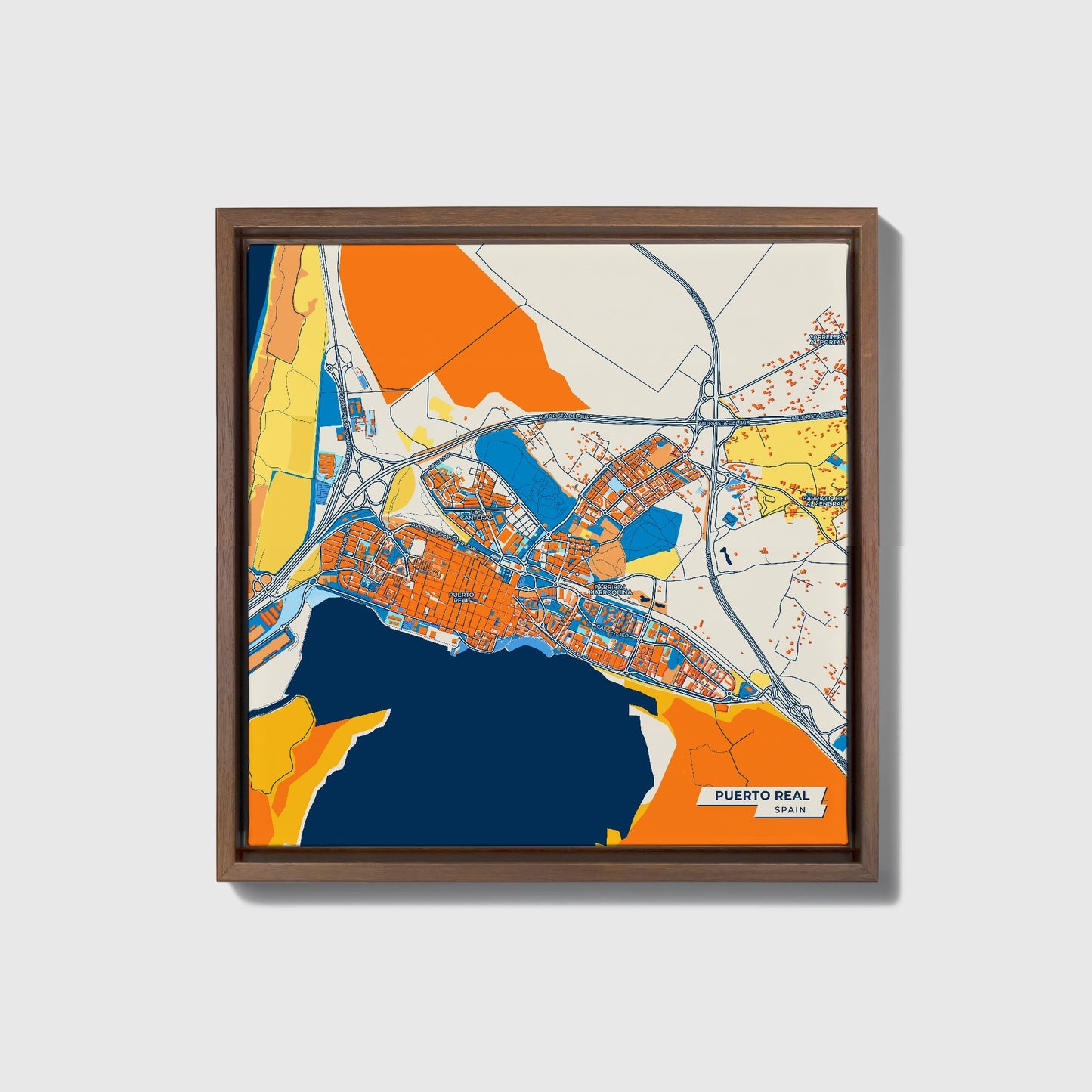 Puerto Real Spain Colorful City Map Canvas Print • Dark Wooden Framed