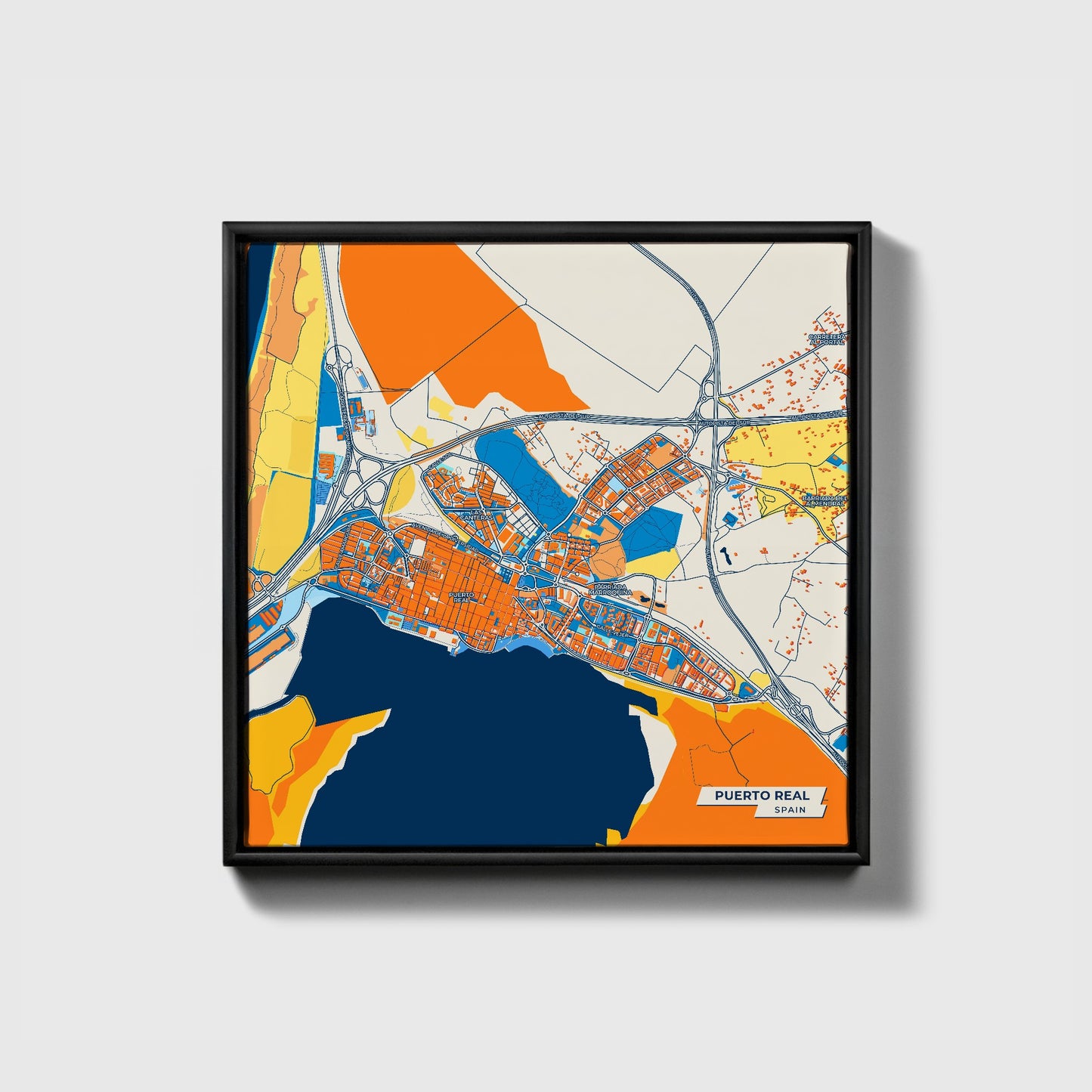 Puerto Real Spain Colorful City Map Canvas Print • Black Framed
