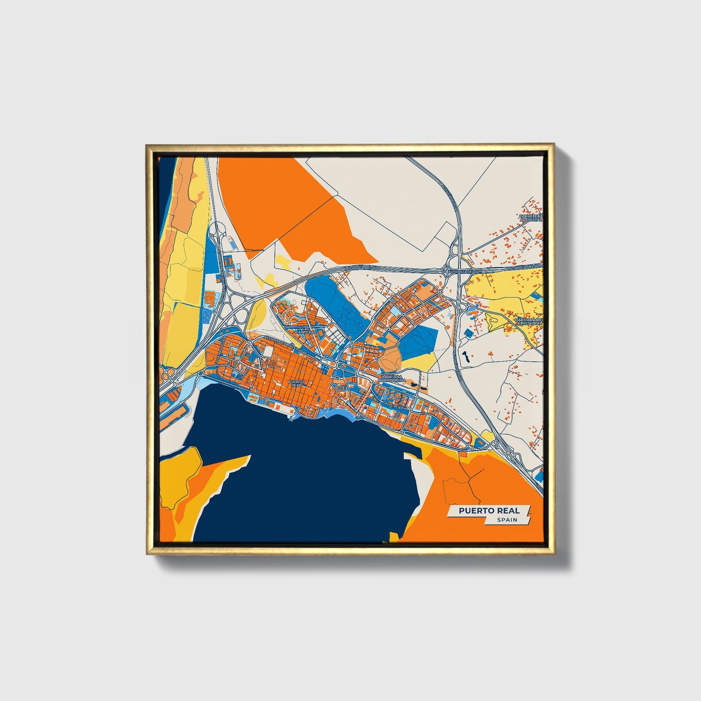 Puerto Real Spain Colorful City Map Canvas Print • Gold Framed
