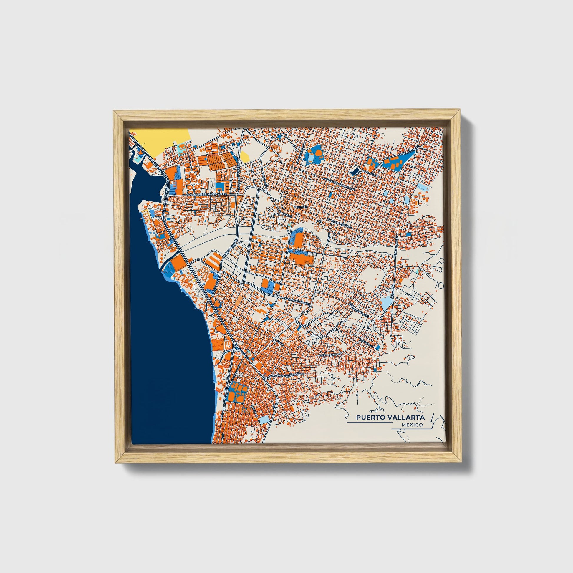 Puerto Vallarta Mexico Colorful City Map Canvas Print • Natural Wooden Framed