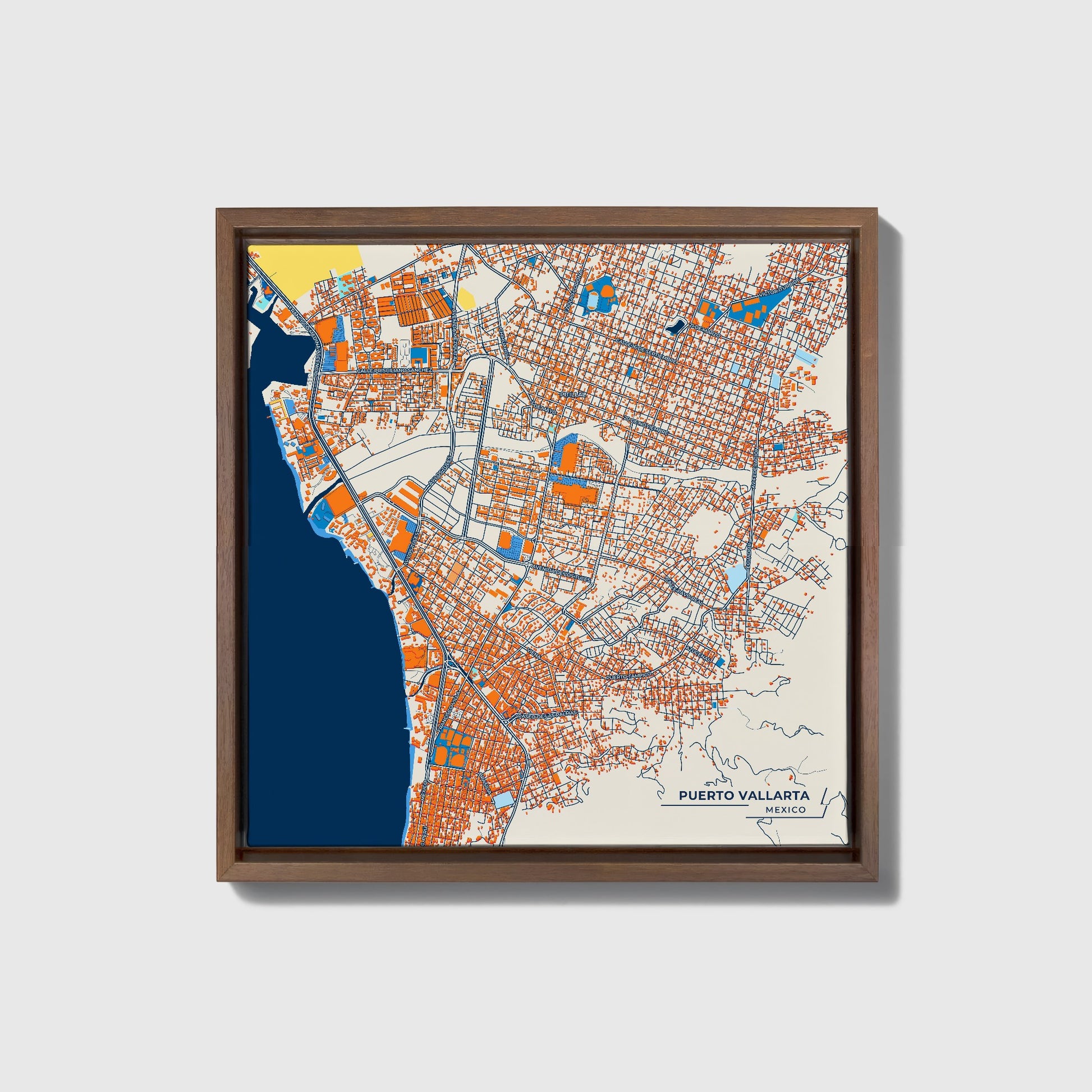 Puerto Vallarta Mexico Colorful City Map Canvas Print • Dark Wooden Framed