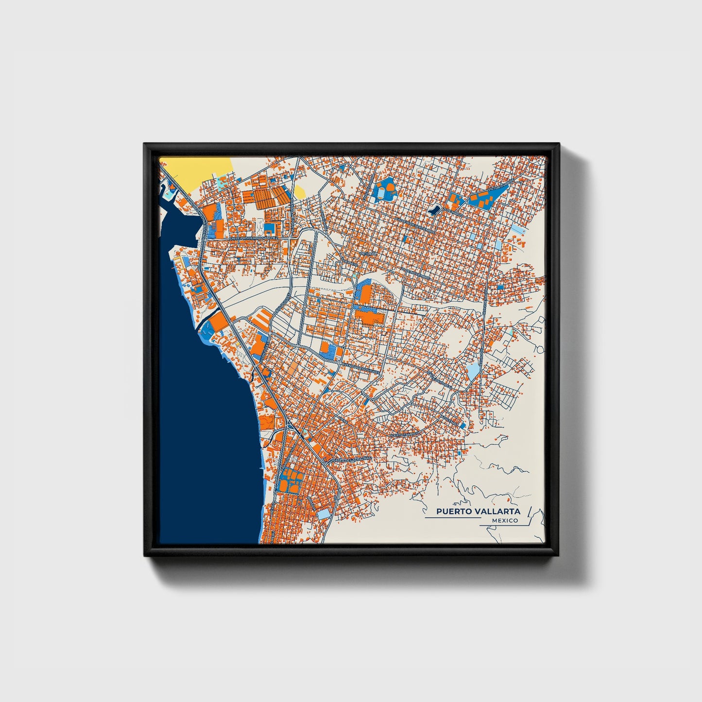 Puerto Vallarta Mexico Colorful City Map Canvas Print • Black Framed