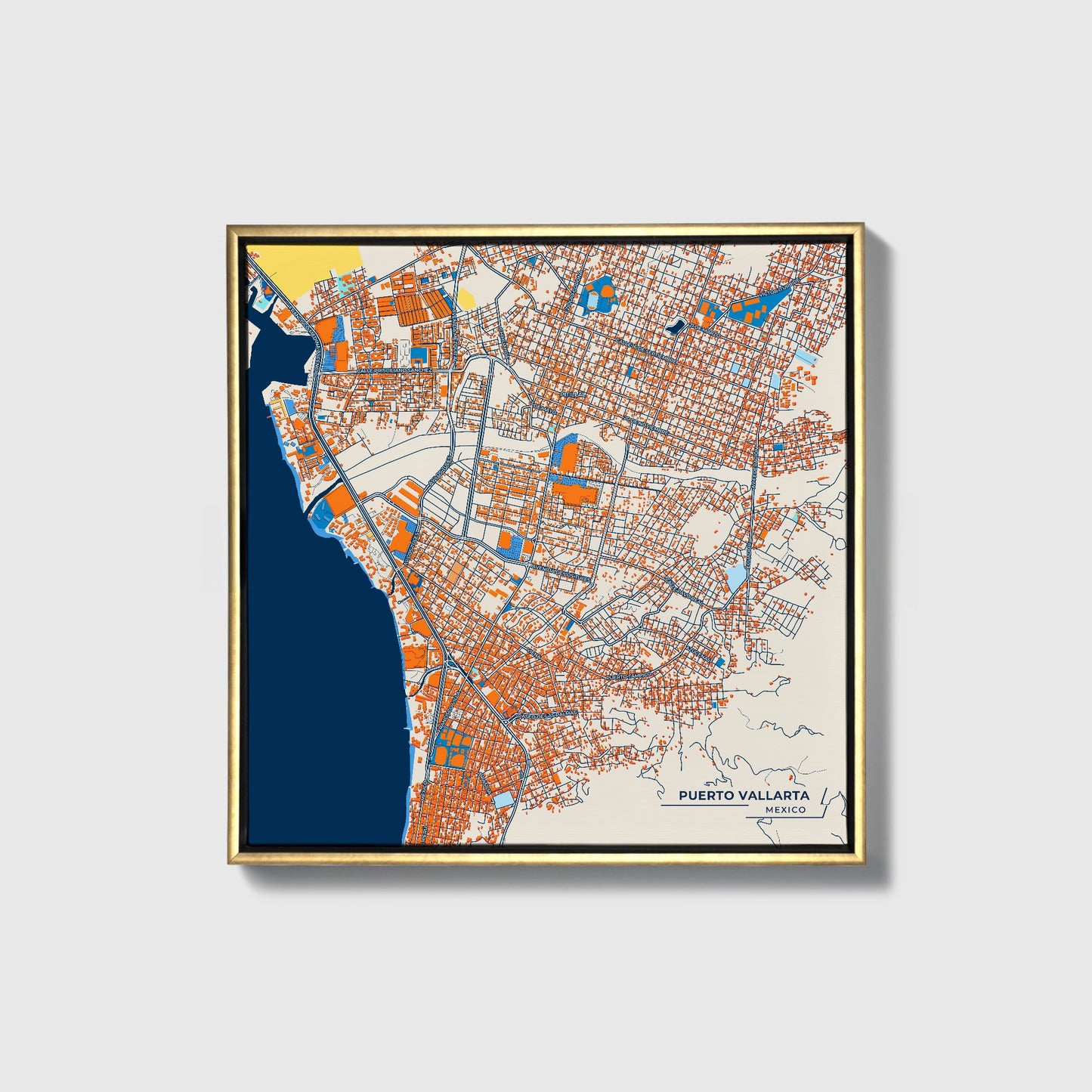 Puerto Vallarta Mexico Colorful City Map Canvas Print • Gold Framed