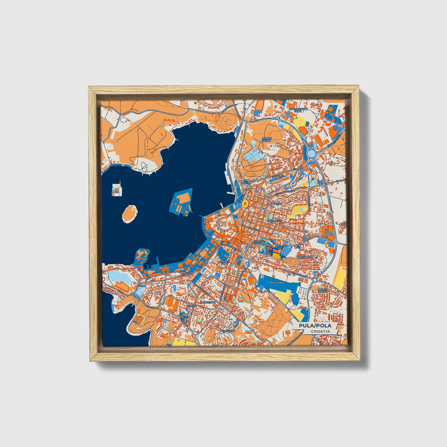 Pula / Pola Croatia Colorful City Map Canvas Print • Natural Wooden Framed