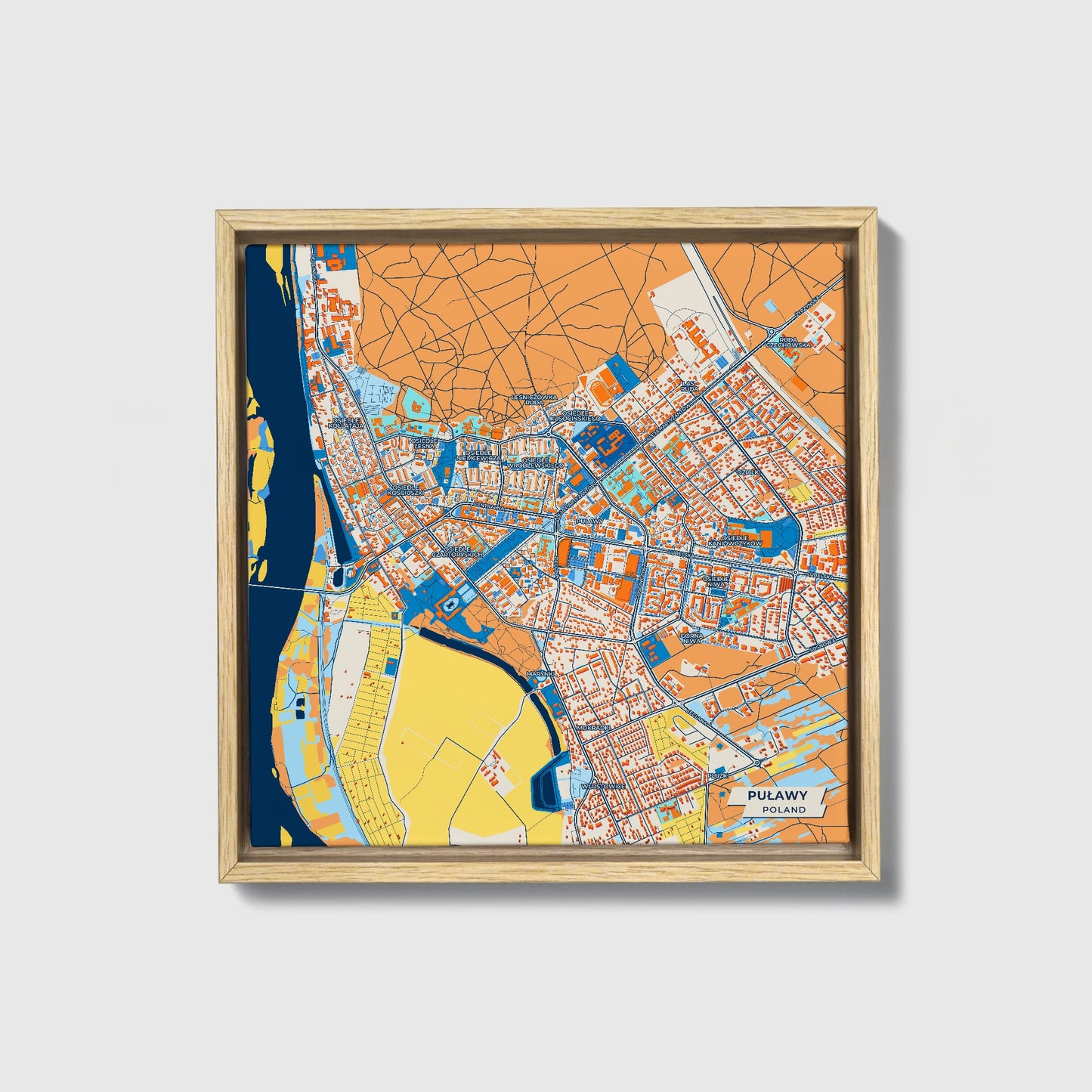 Puławy Poland Colorful City Map Canvas Print • Natural Wooden Framed