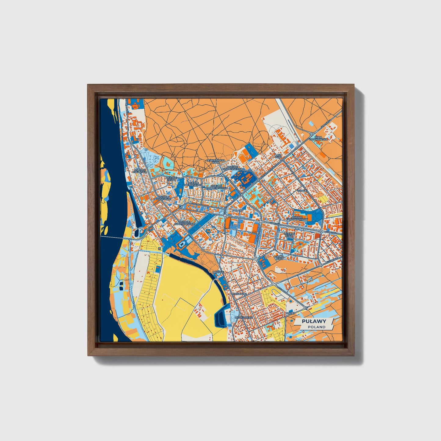 Puławy Poland Colorful City Map Canvas Print • Dark Wooden Framed