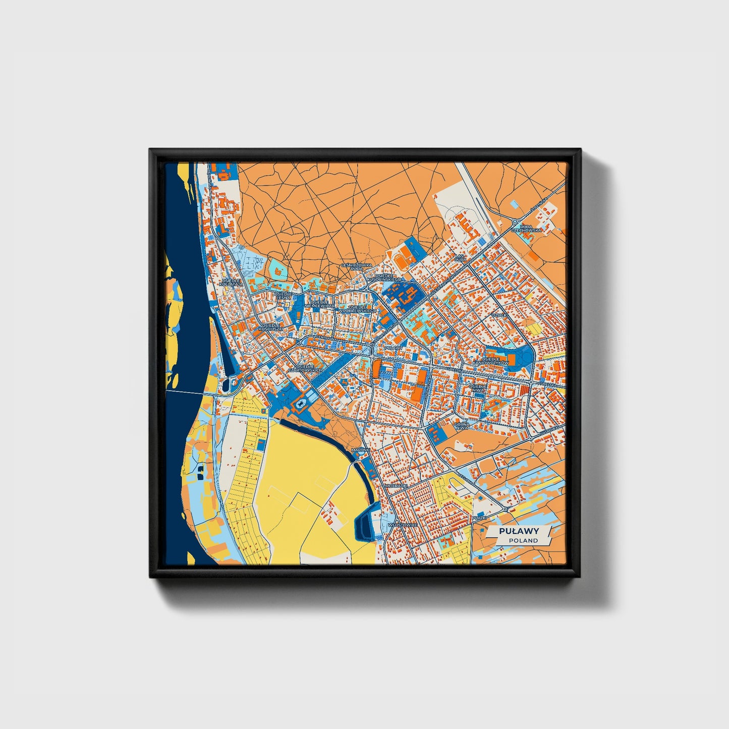 Puławy Poland Colorful City Map Canvas Print • Black Framed