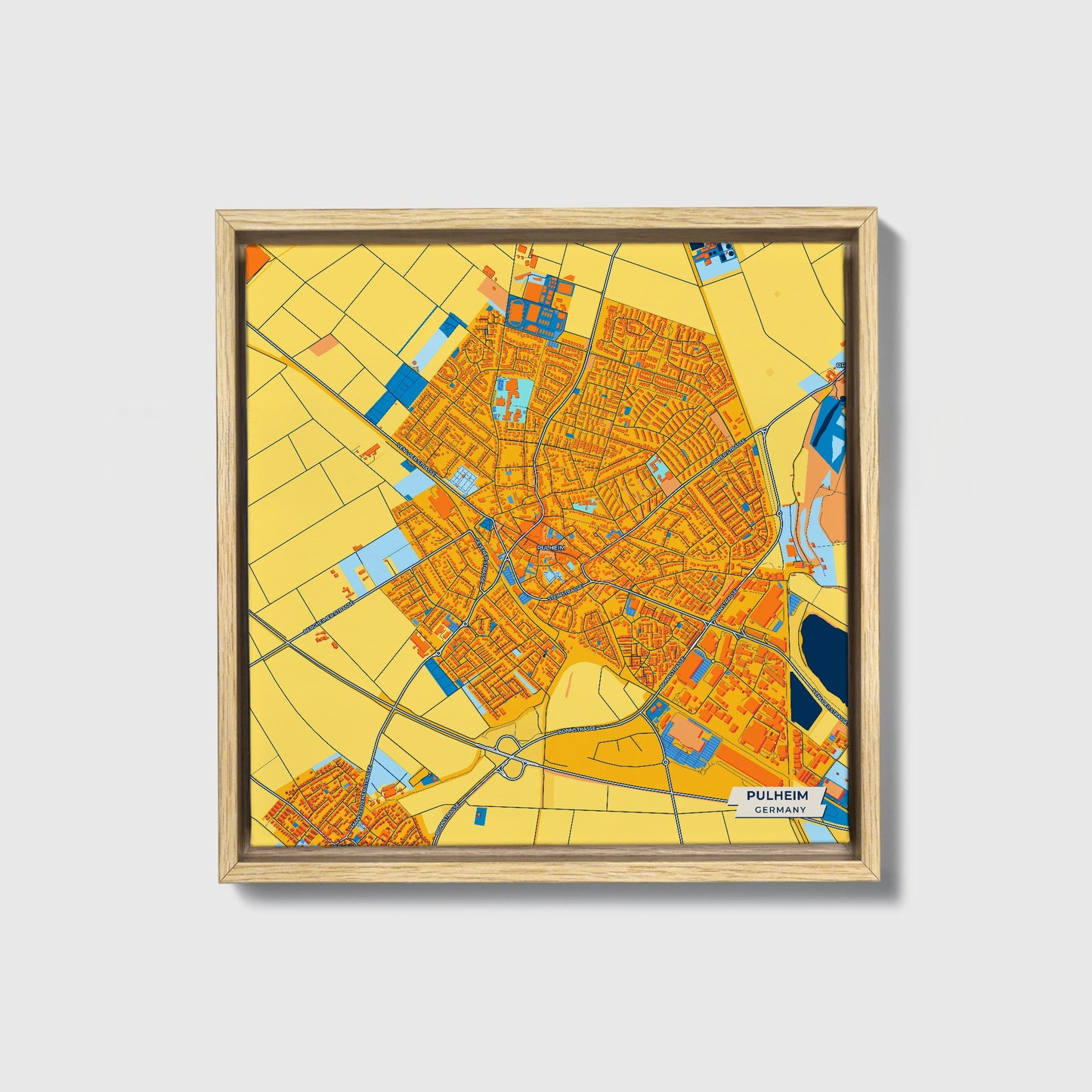 Pulheim Germany Colorful City Map Canvas Print • Natural Wooden Framed