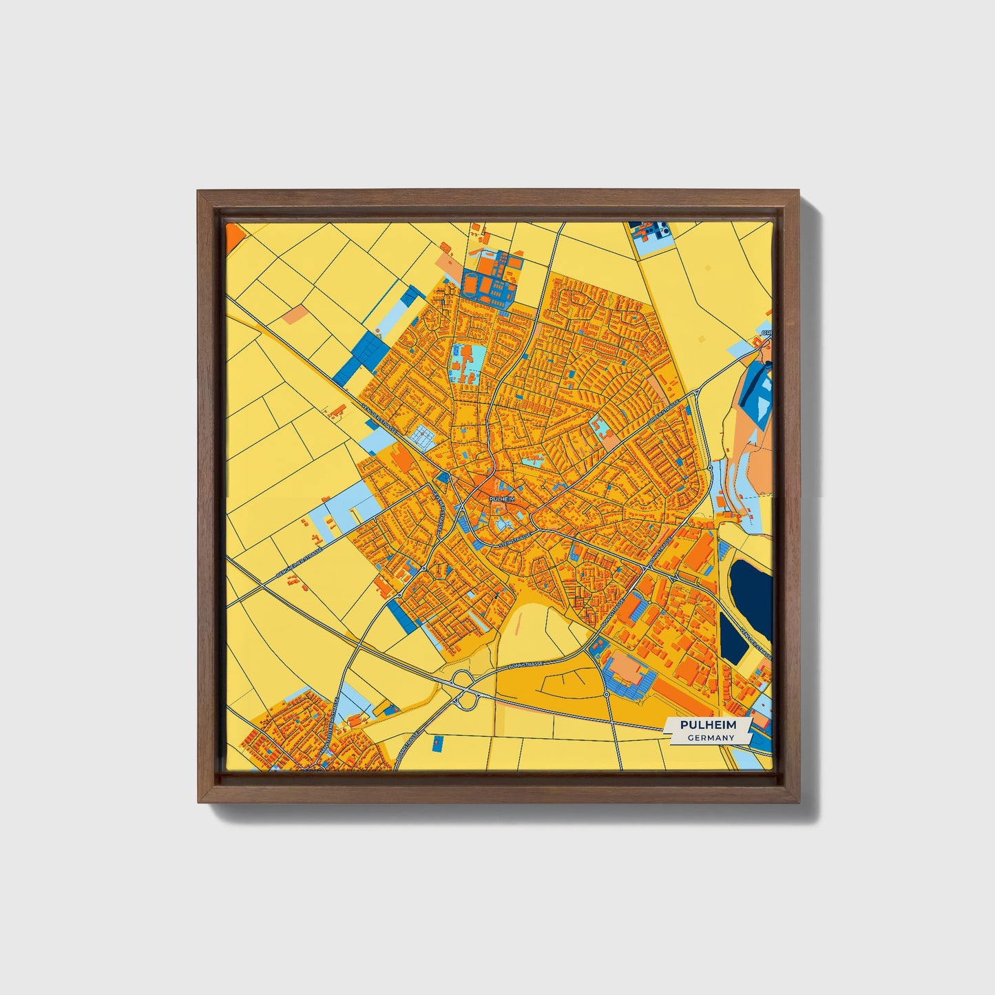 Pulheim Germany Colorful City Map Canvas Print • Dark Wooden Framed