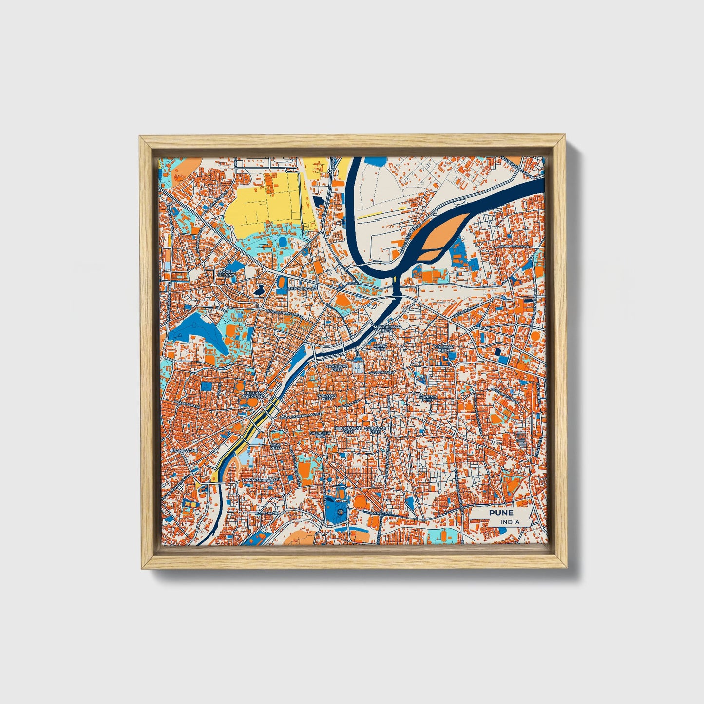 Pune India Colorful City Map Canvas Print • Natural Wooden Framed