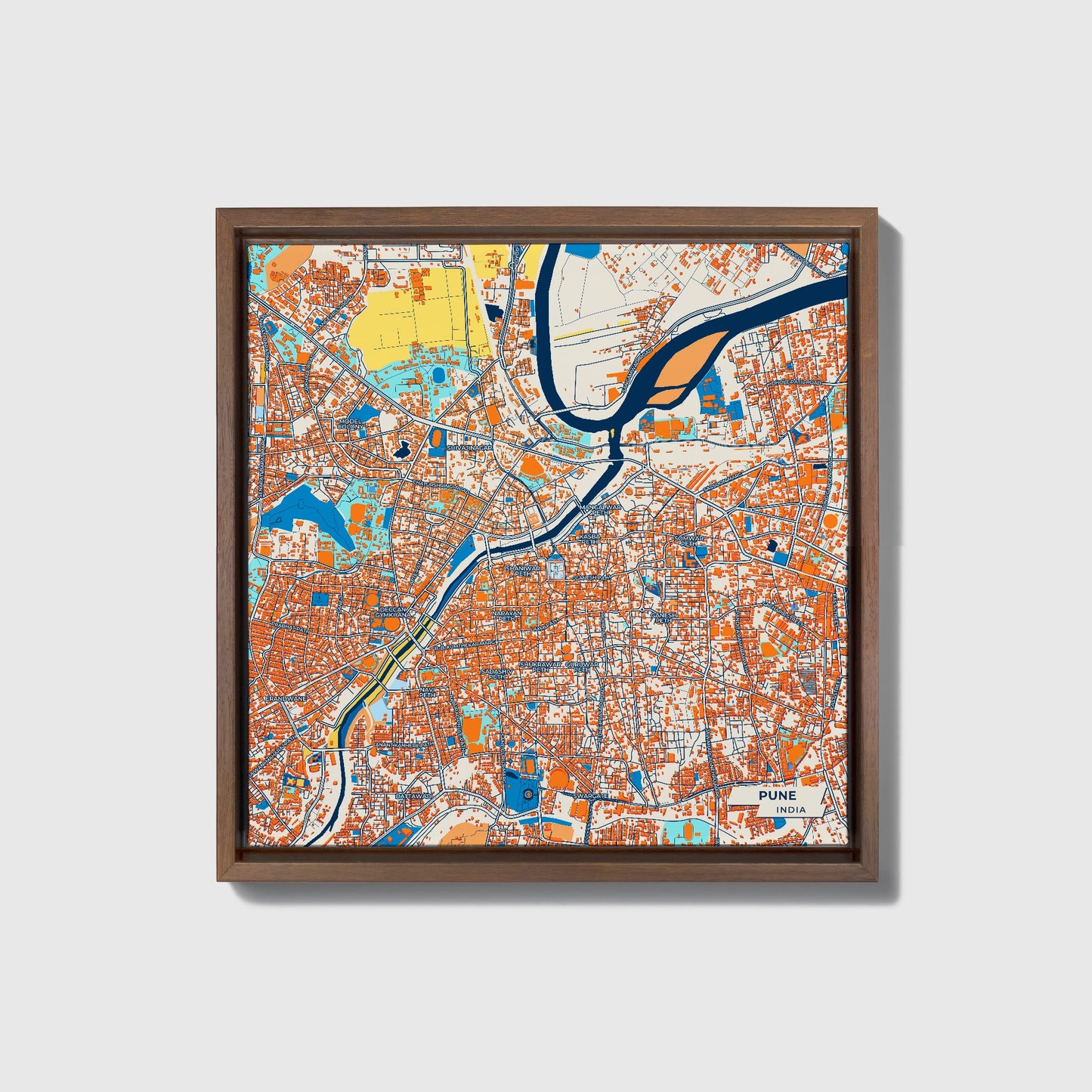 Pune India Colorful City Map Canvas Print • Dark Wooden Framed