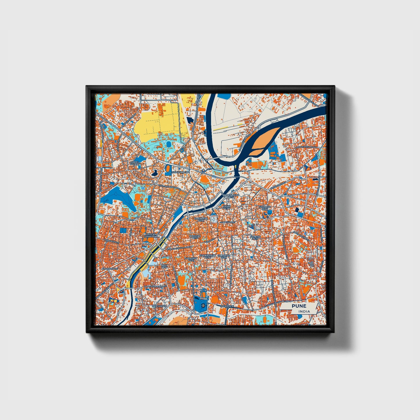 Pune India Colorful City Map Canvas Print • Black Framed