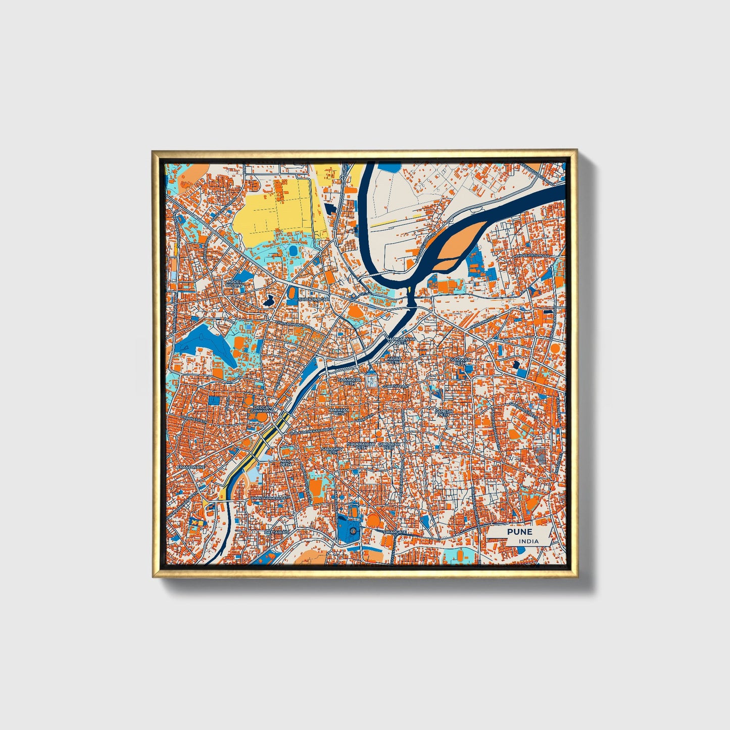 Pune India Colorful City Map Canvas Print • Gold Framed