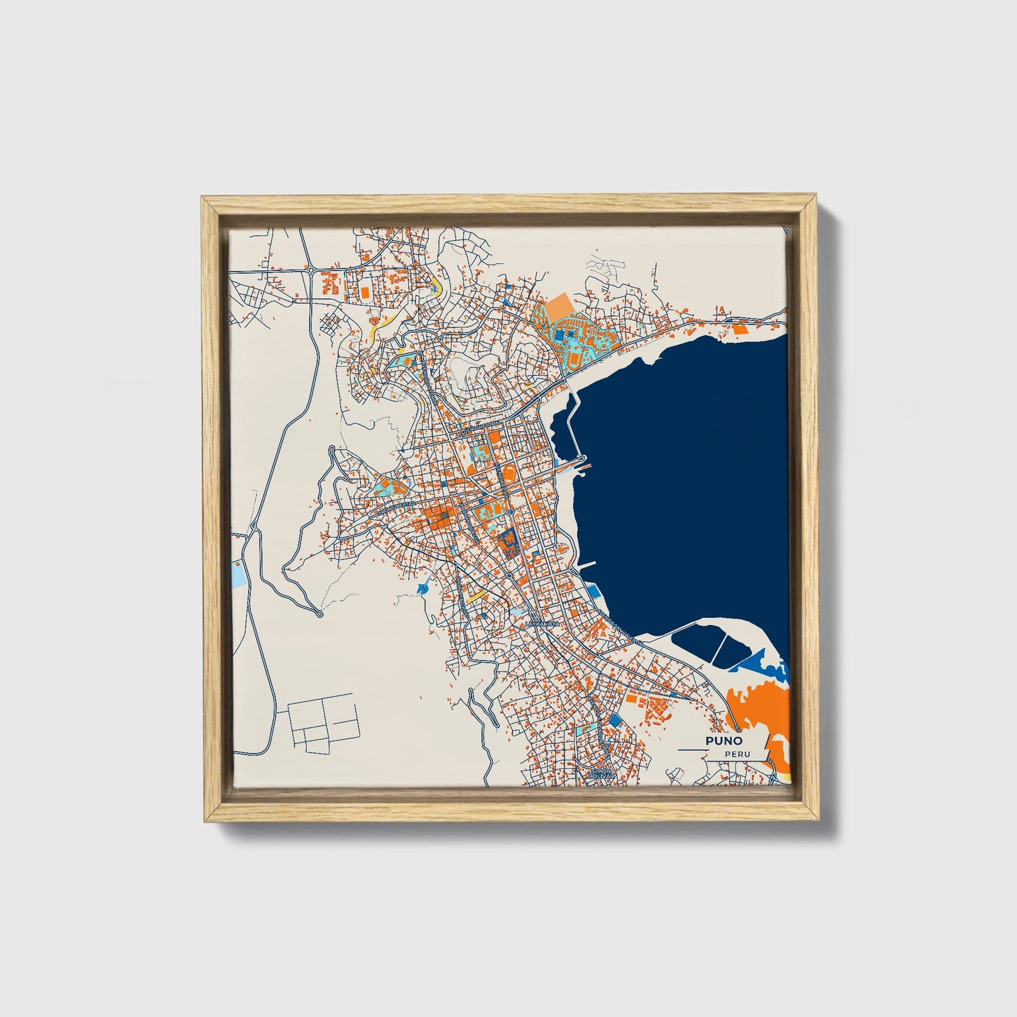 Puno Peru Colorful City Map Canvas Print • Natural Wooden Framed