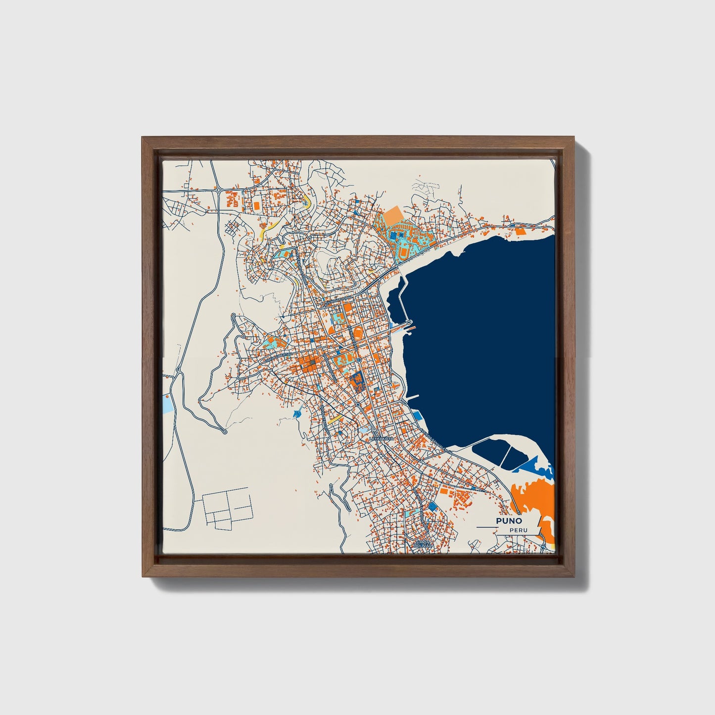 Puno Peru Colorful City Map Canvas Print • Dark Wooden Framed