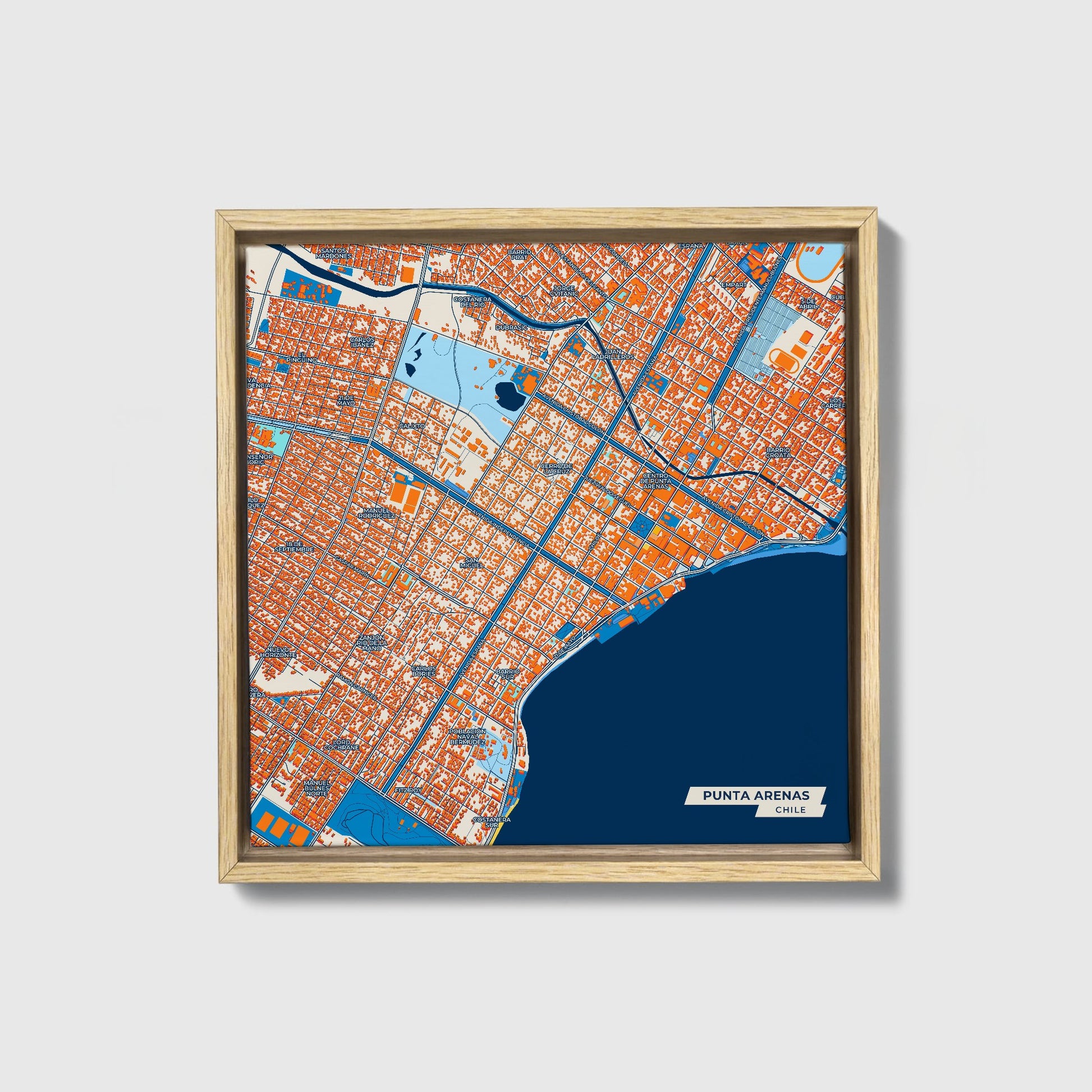 Punta Arenas Chile Colorful City Map Canvas Print • Natural Wooden Framed