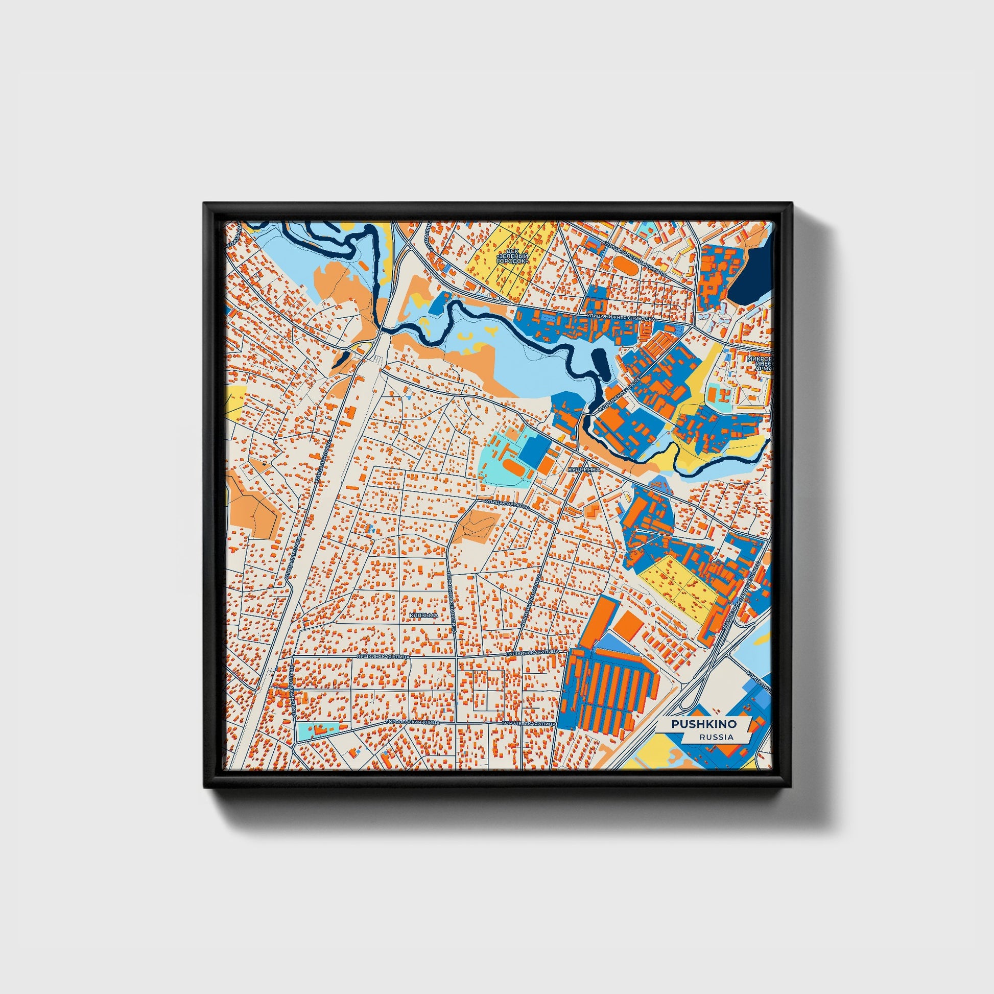 Пушкино Russia Colorful City Map Canvas Print • Black Framed