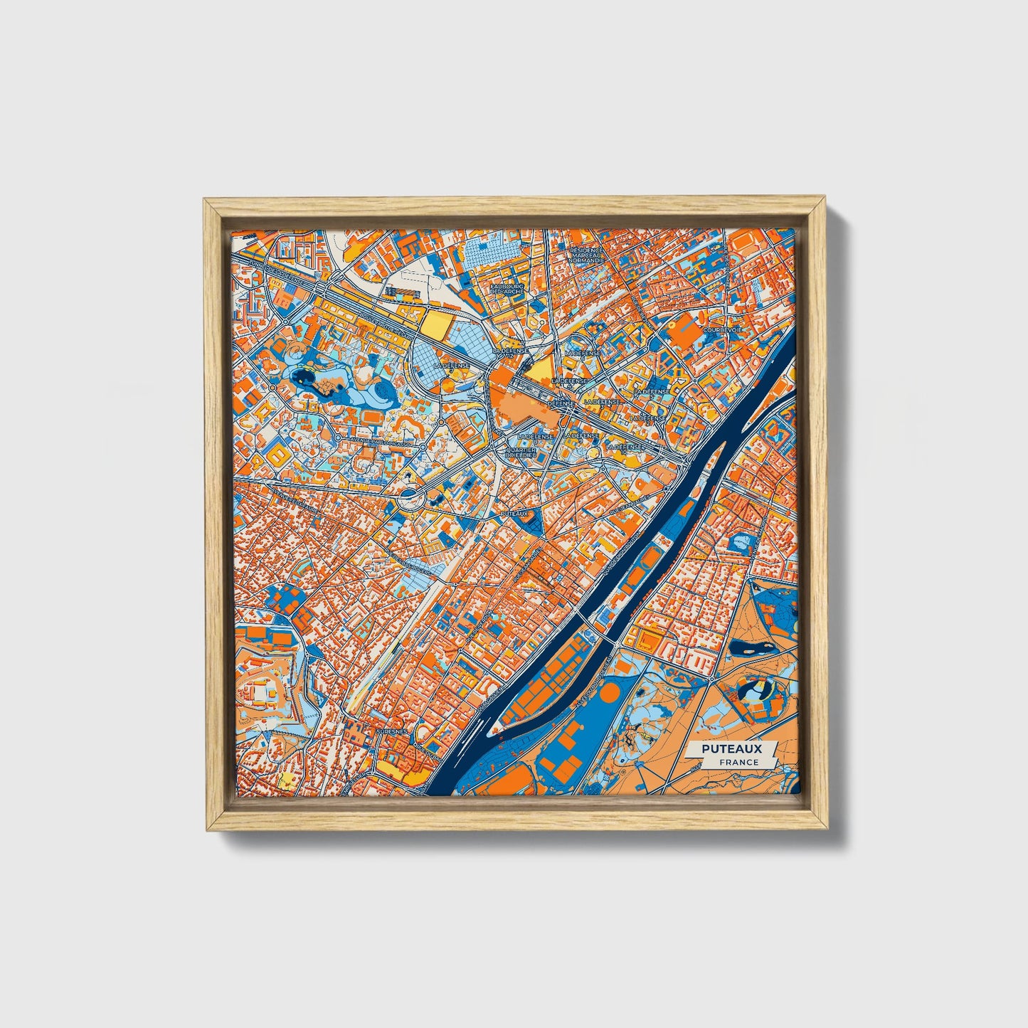 Puteaux France Colorful City Map Canvas Print • Natural Wooden Framed