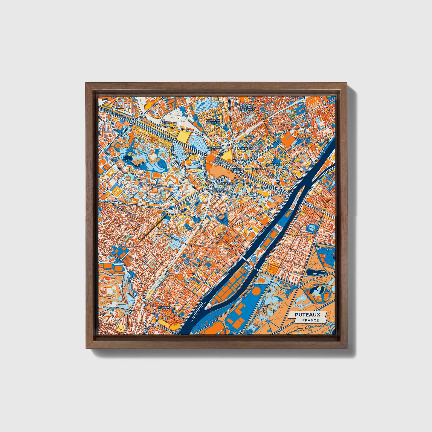 Puteaux France Colorful City Map Canvas Print • Dark Wooden Framed