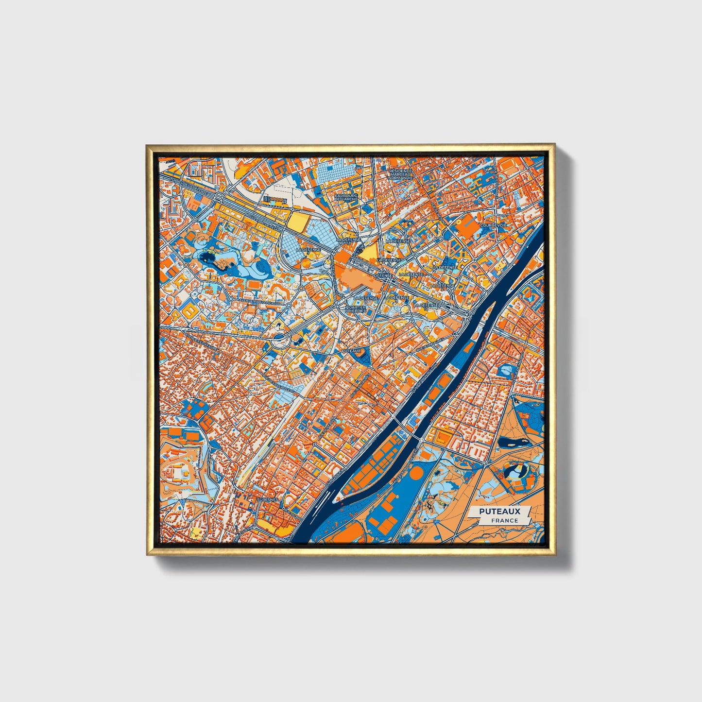 Puteaux France Colorful City Map Canvas Print • Gold Framed