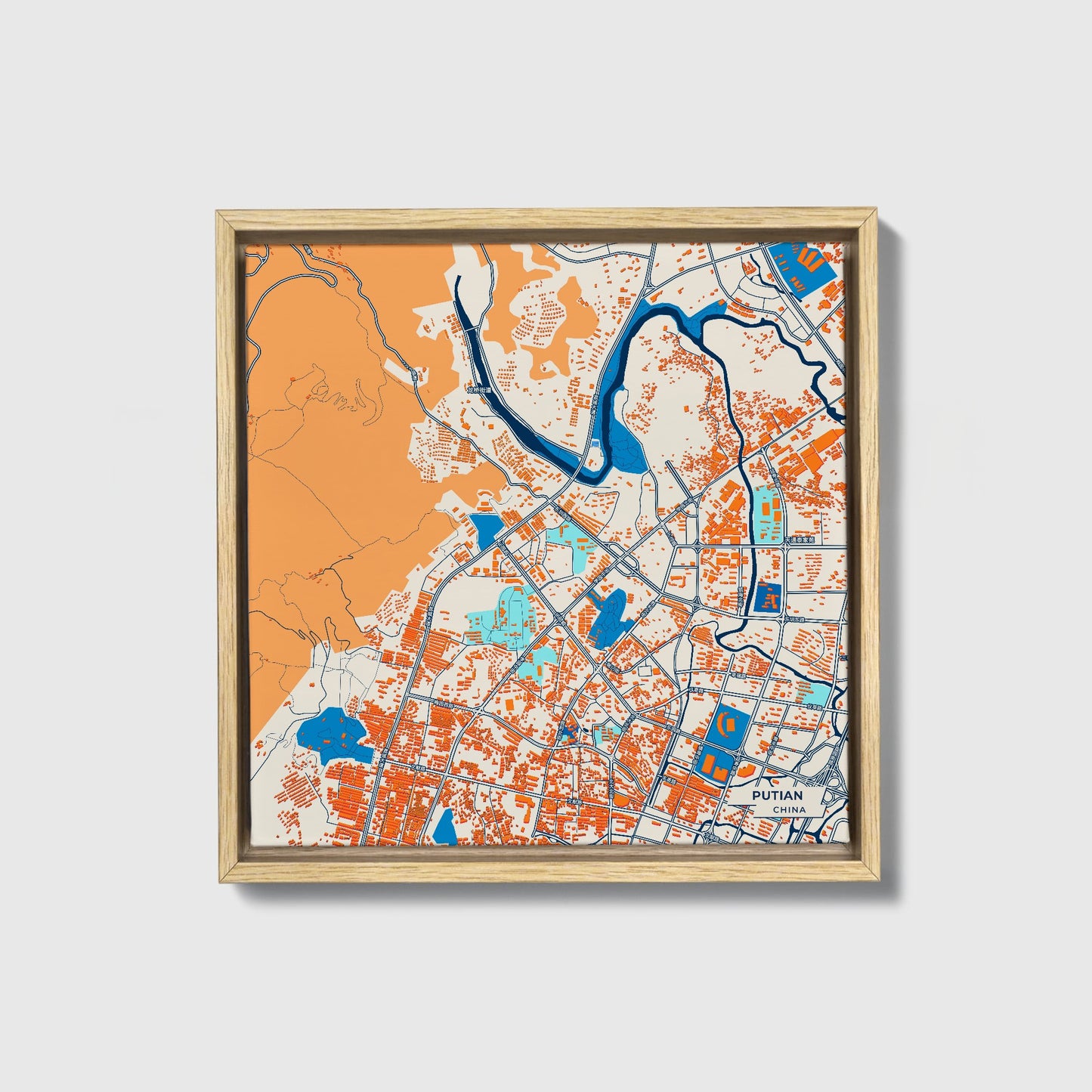 Putian China Colorful City Map Canvas Print • Natural Wooden Framed