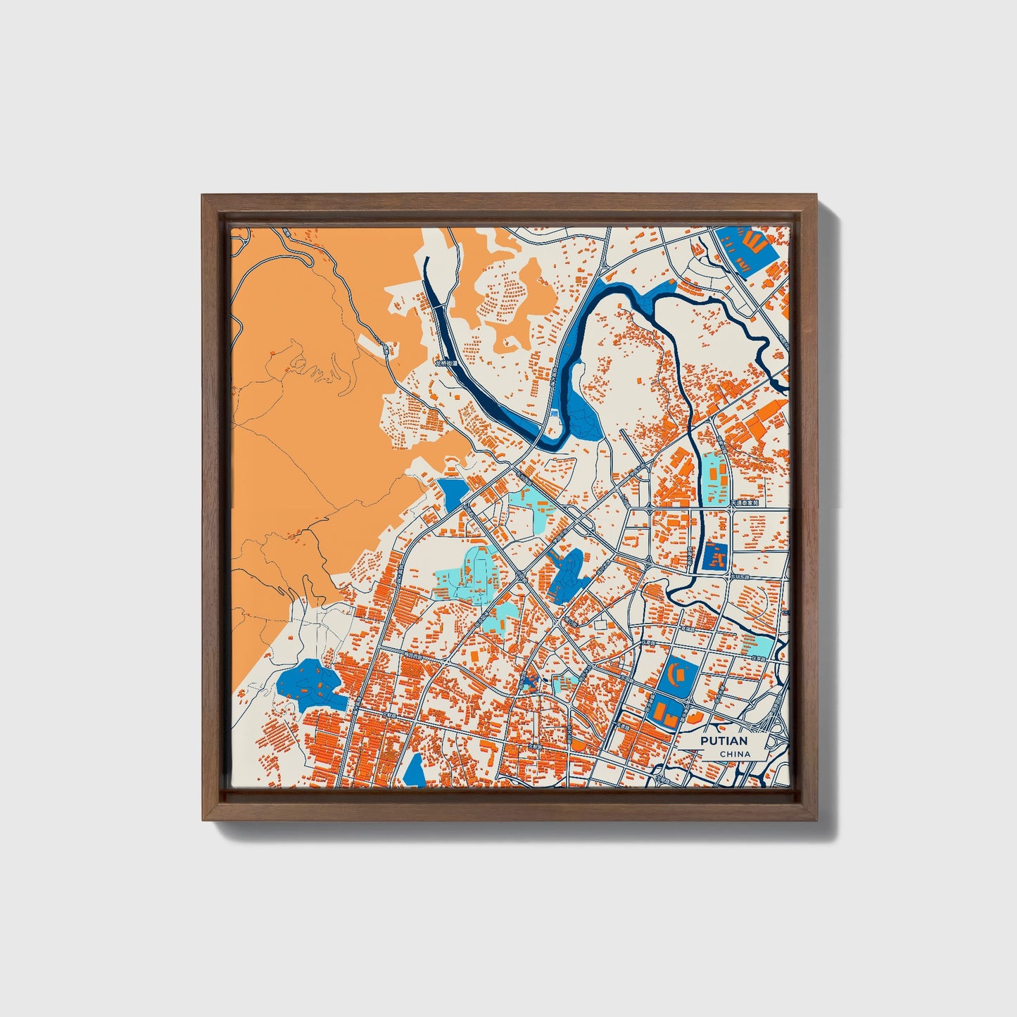 Putian China Colorful City Map Canvas Print • Dark Wooden Framed