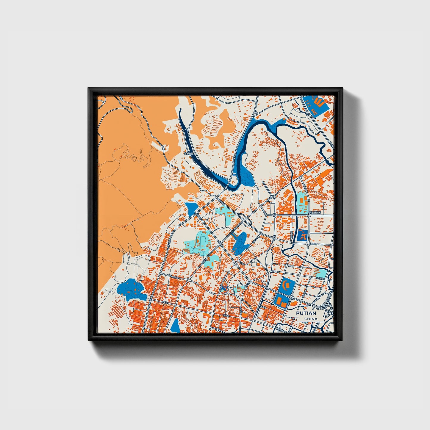 Putian China Colorful City Map Canvas Print • Black Framed