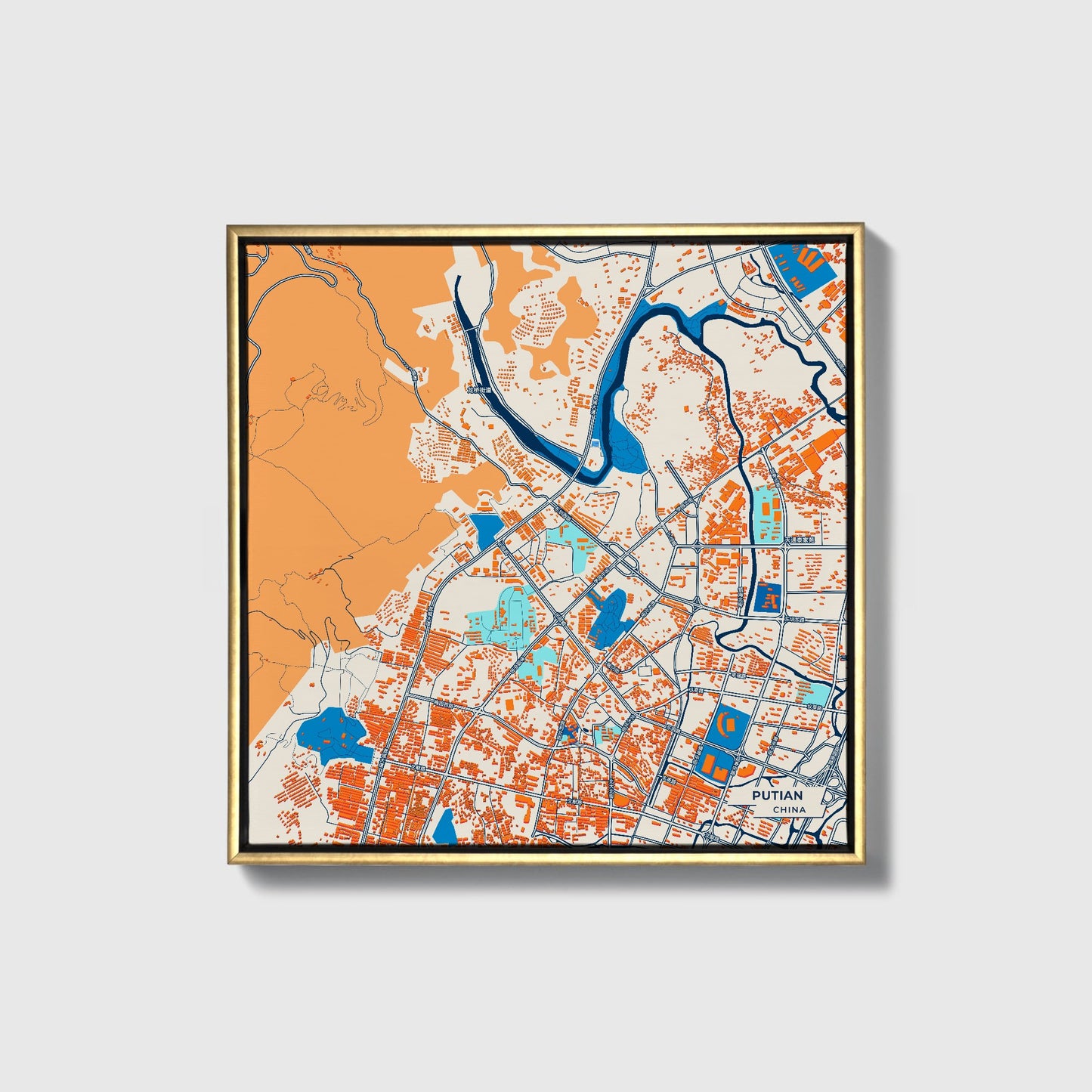Putian China Colorful City Map Canvas Print • Gold Framed