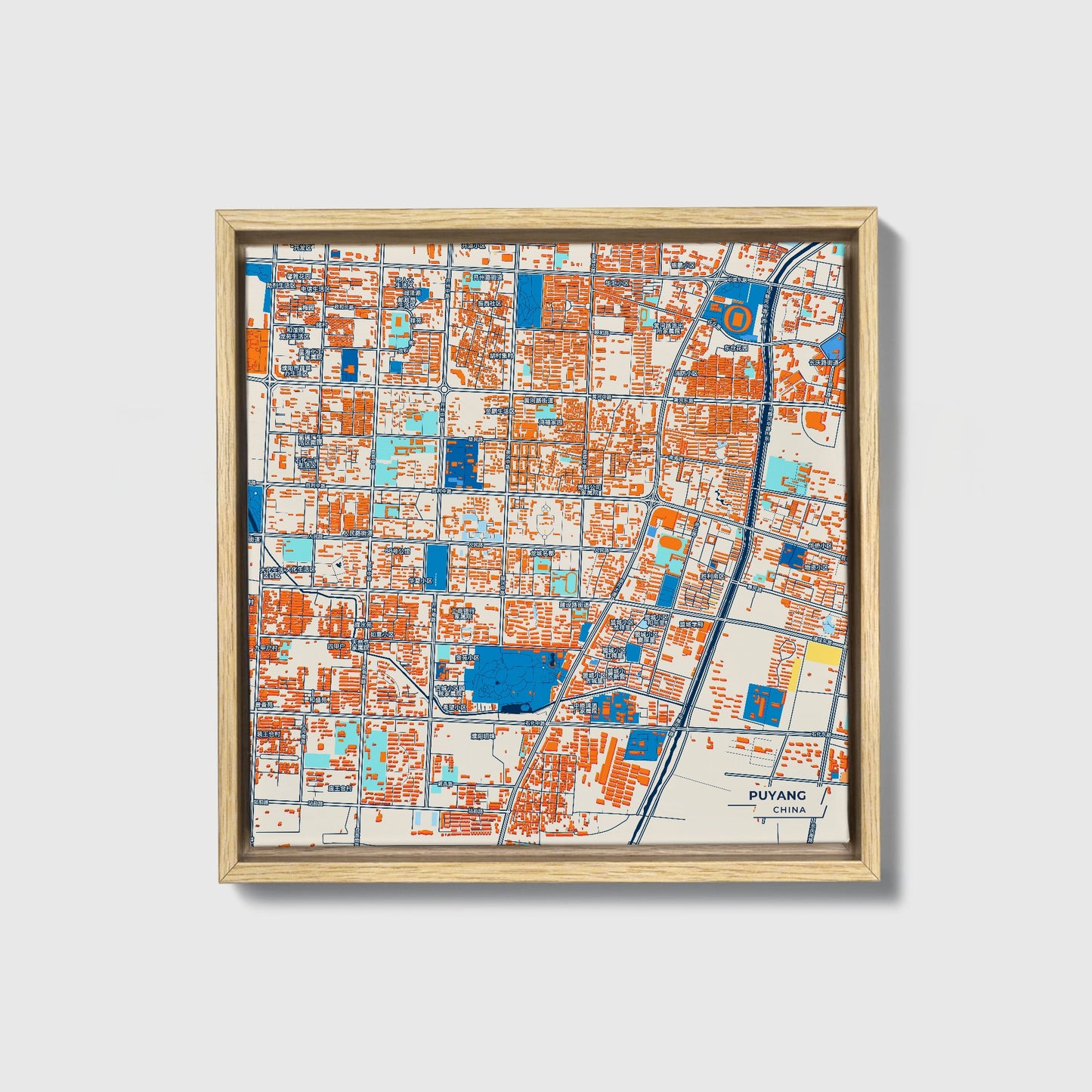 Puyang China Colorful City Map Canvas Print • Natural Wooden Framed