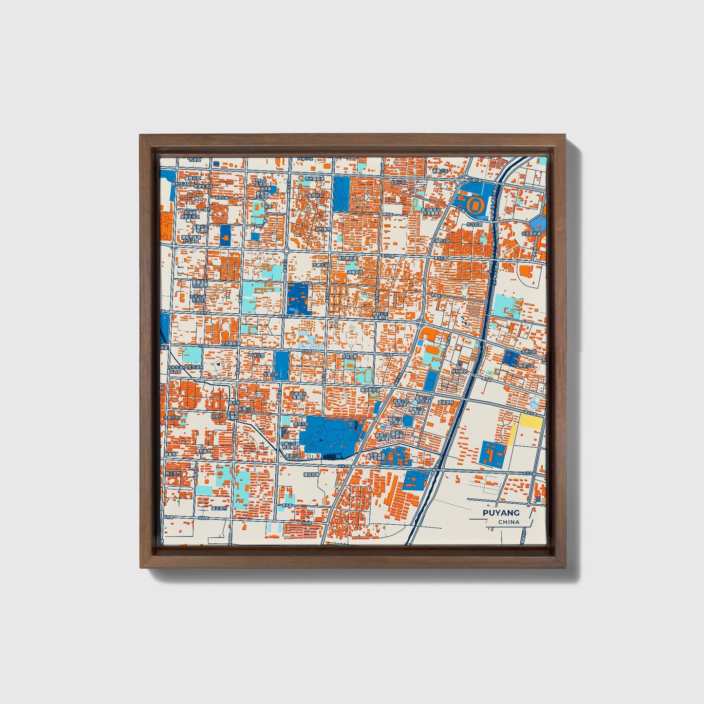 Puyang China Colorful City Map Canvas Print • Dark Wooden Framed