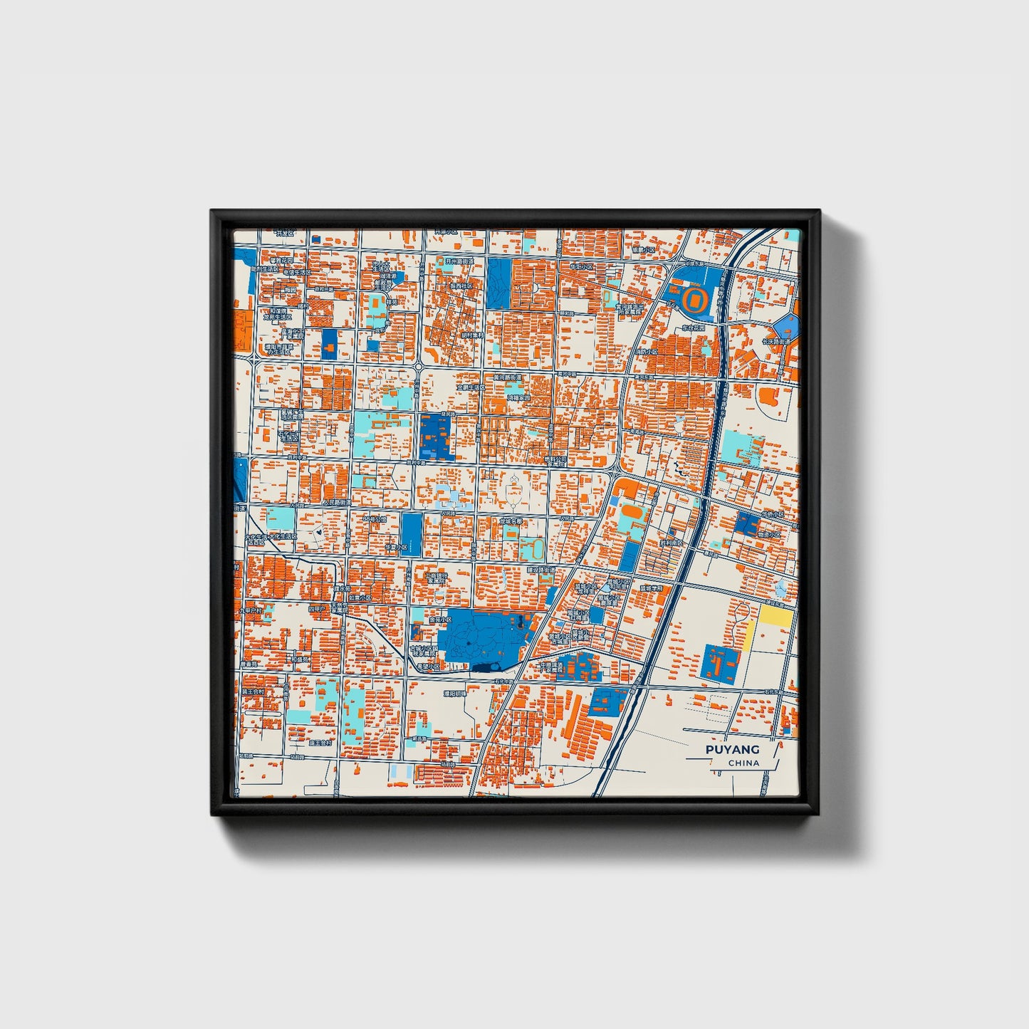 Puyang China Colorful City Map Canvas Print • Black Framed