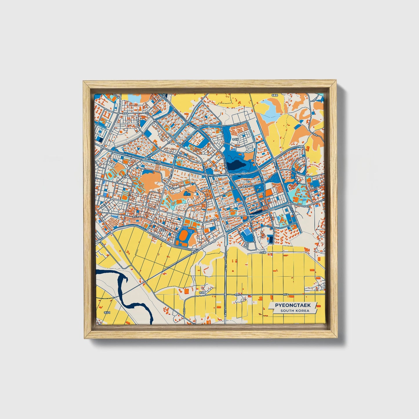 Pyeongtaek South Korea Colorful City Map Canvas Print • Natural Wooden Framed