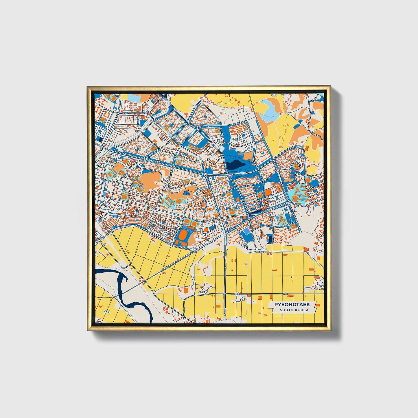 Pyeongtaek South Korea Colorful City Map Canvas Print • Gold Framed