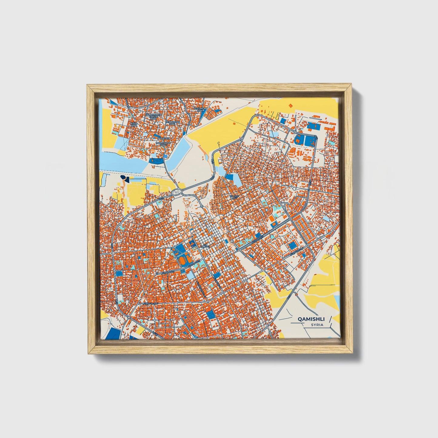 Qamishli Syria Colorful City Map Canvas Print • Natural Wooden Framed